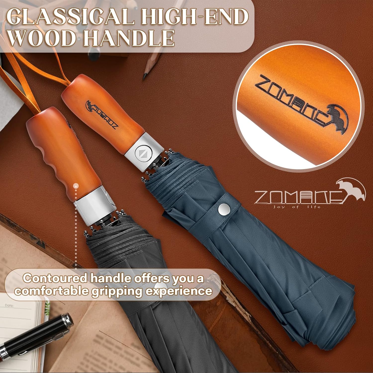 Thumbnail 2 de ZOMAKE Parapluie pliant double canopée 54 pouces (poignée en bois, anti-vent)