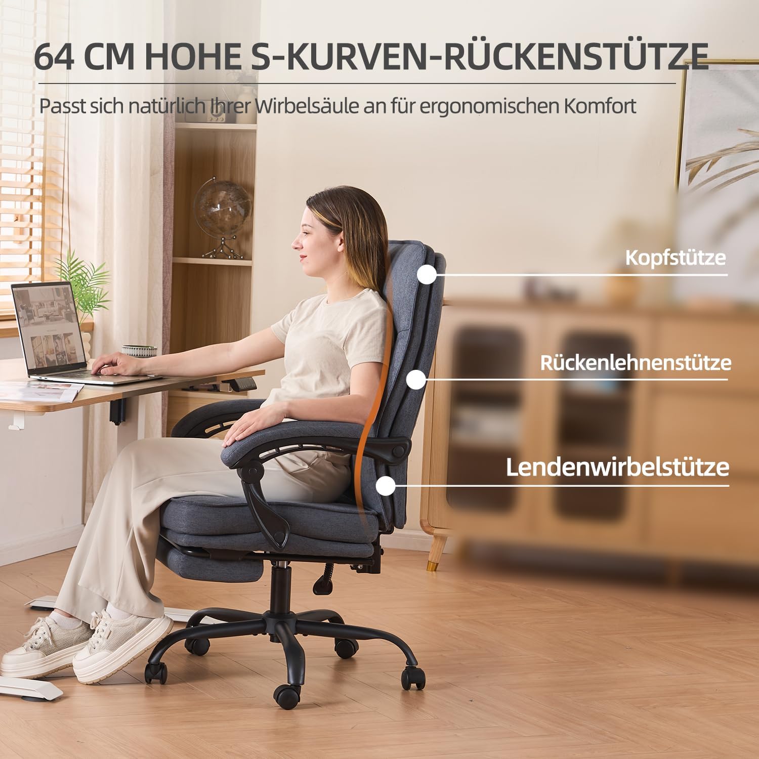 Detalle de MZLEE Bürostuhl ergonomisch: S‑Rückenlehne, Fußstütze und Liegefunktion bis 135°