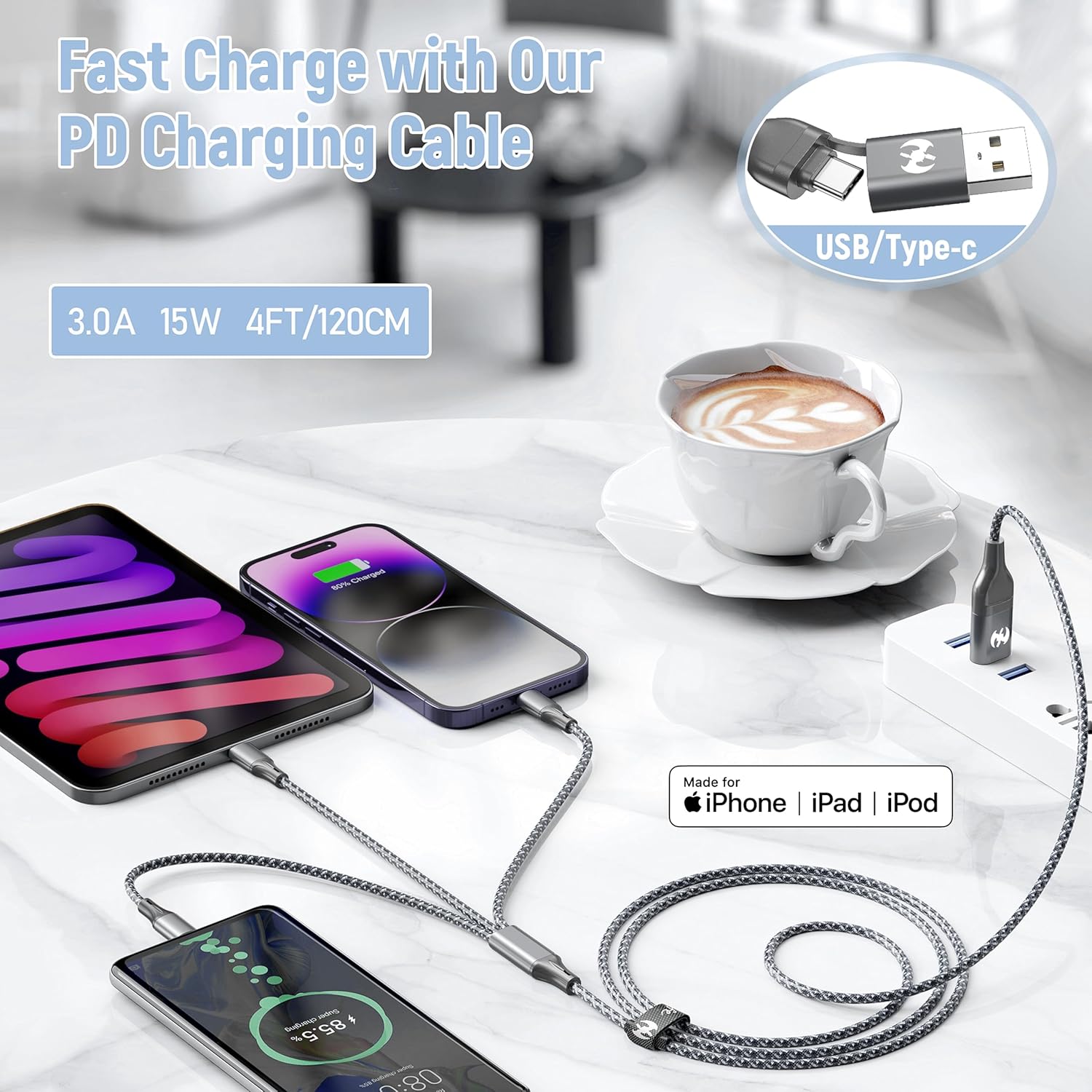 Thumbnail 1 de IDISON Multi Charging Cable (4ft, 3-Pack) 3-in-1 USB-A/C + Lightning/Type-C Travel Charger