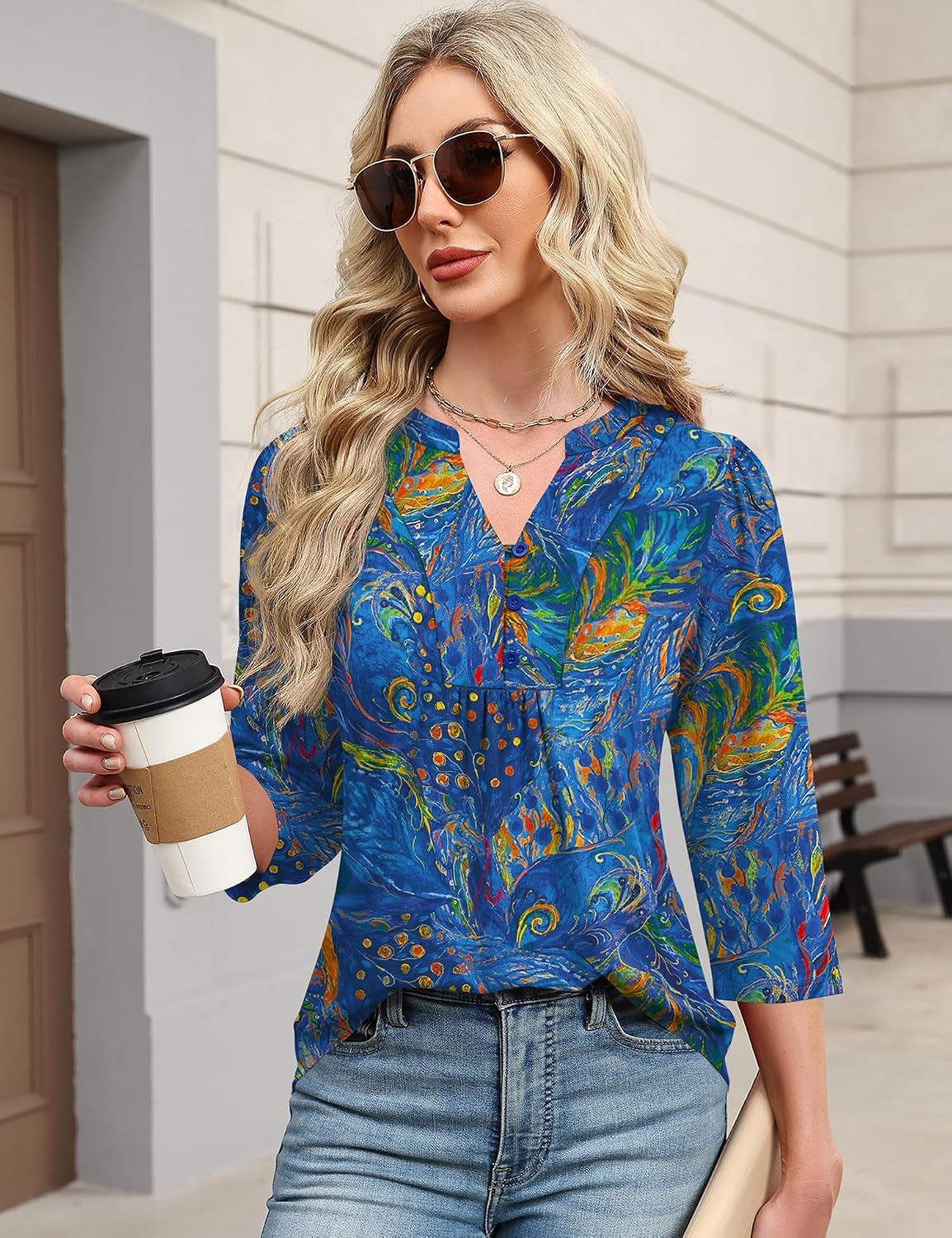 Detalle de IECCP 3/4 Sleeve Henley V-Neck Pleated Tunic Top for Women (Dressy Casual)