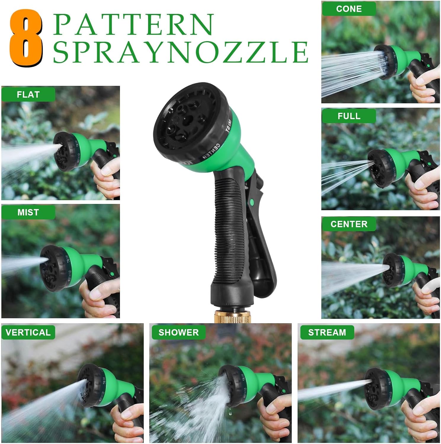 Thumbnail 3 de Expandable Garden Hose Pipe 100FT with 8-Pattern Spray Nozzle and 3/4"–1/2" Solid Brass Fittings (Green)