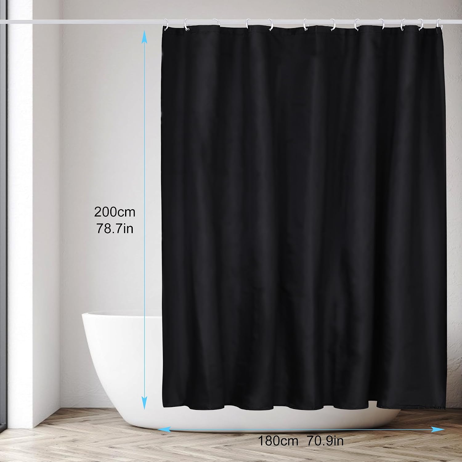 Detalle de DUFU Rideau de douche à séchage rapide en polyester imperméable 180 x 200 cm noir avec 12 crochets