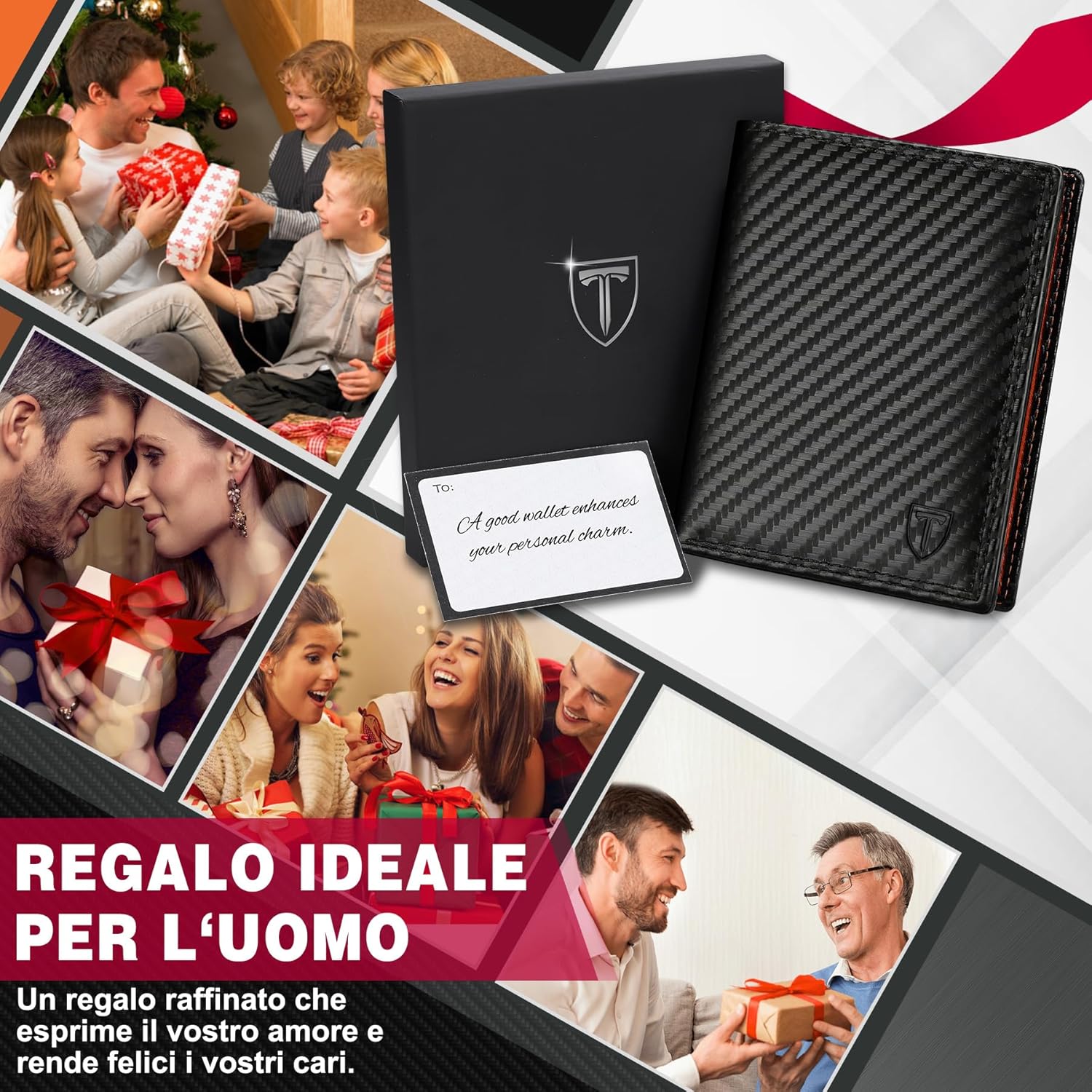 Thumbnail 6 de TEEHON portafoglio uomo in pelle e fibra di carbonio con blocco RFID, 13 scomparti e portamonete con cerniera – Nero e arancione