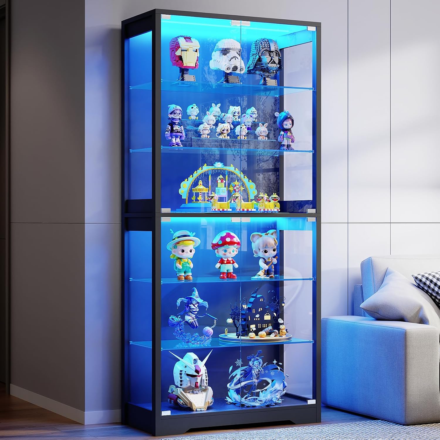 BROTTAR BD019B 71-Inch Display Cabinet with Glass Door, Adjustable Shelves and 3-Color Lights