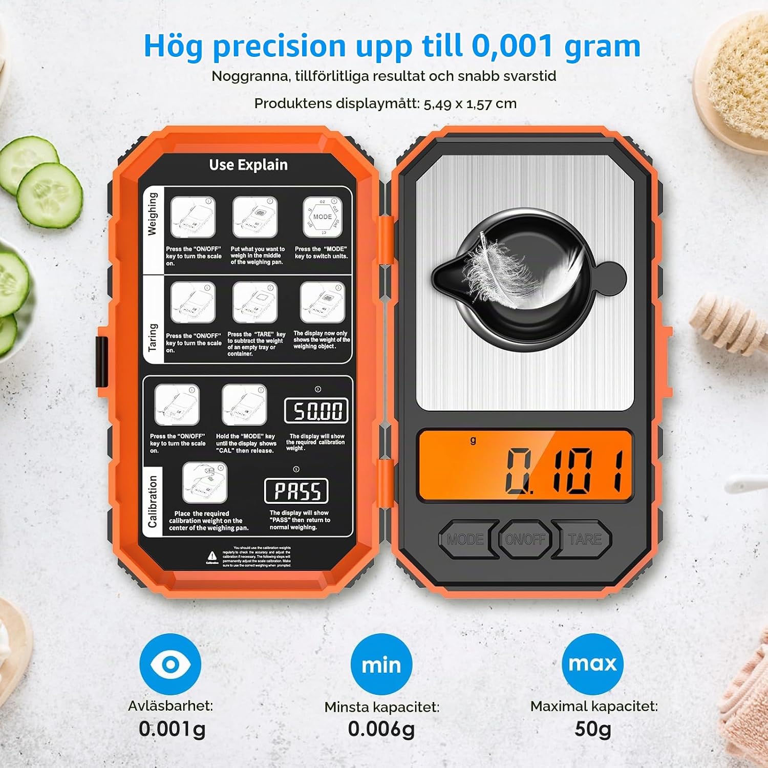 Detalle 2 de ORIA precisionsfickvåg 50 g/0,001 g i rostfritt stål, orange