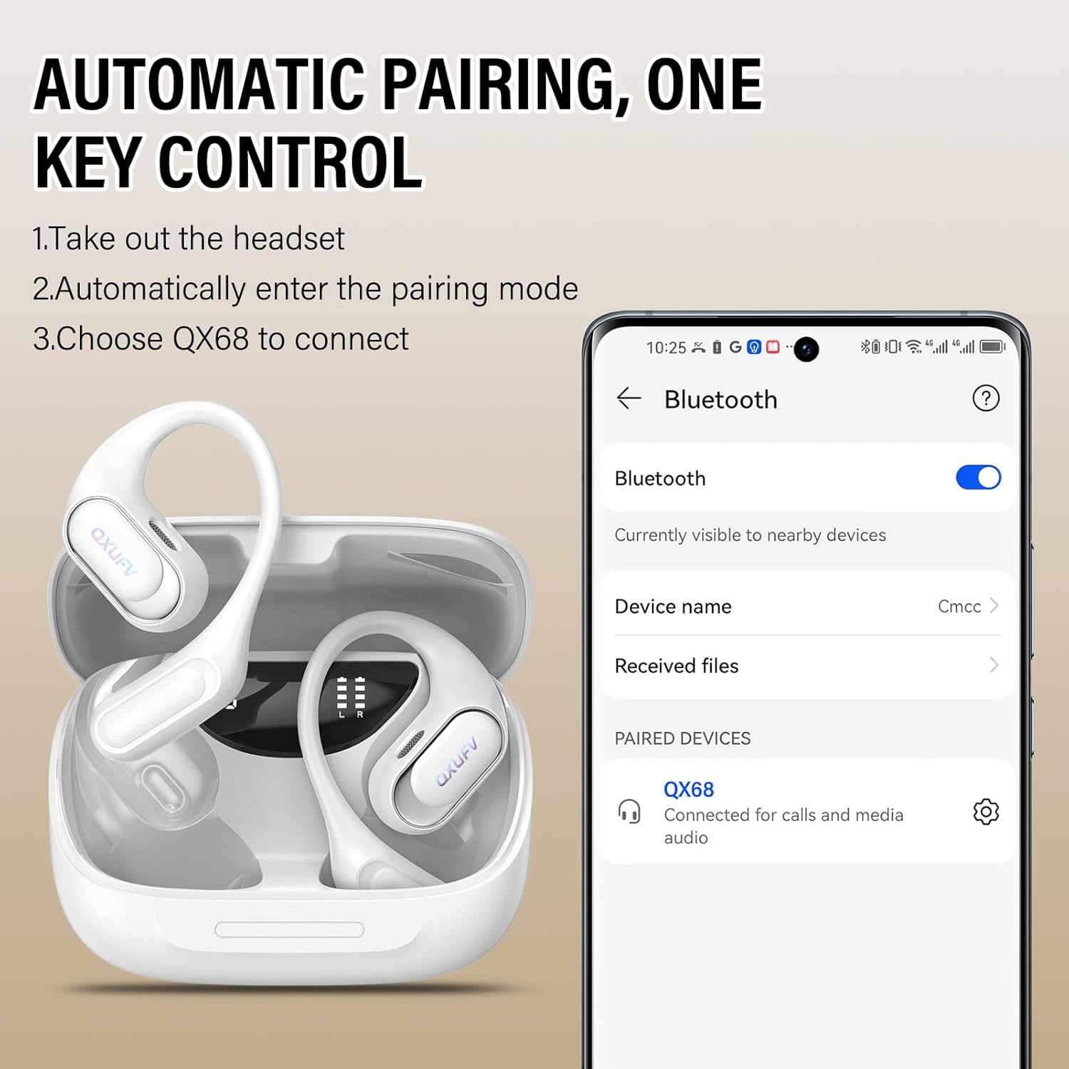 Detalle 2 de Open-Ear Headphones with Bluetooth 5.4: Deep Bass Open-Ear Earbuds (White)