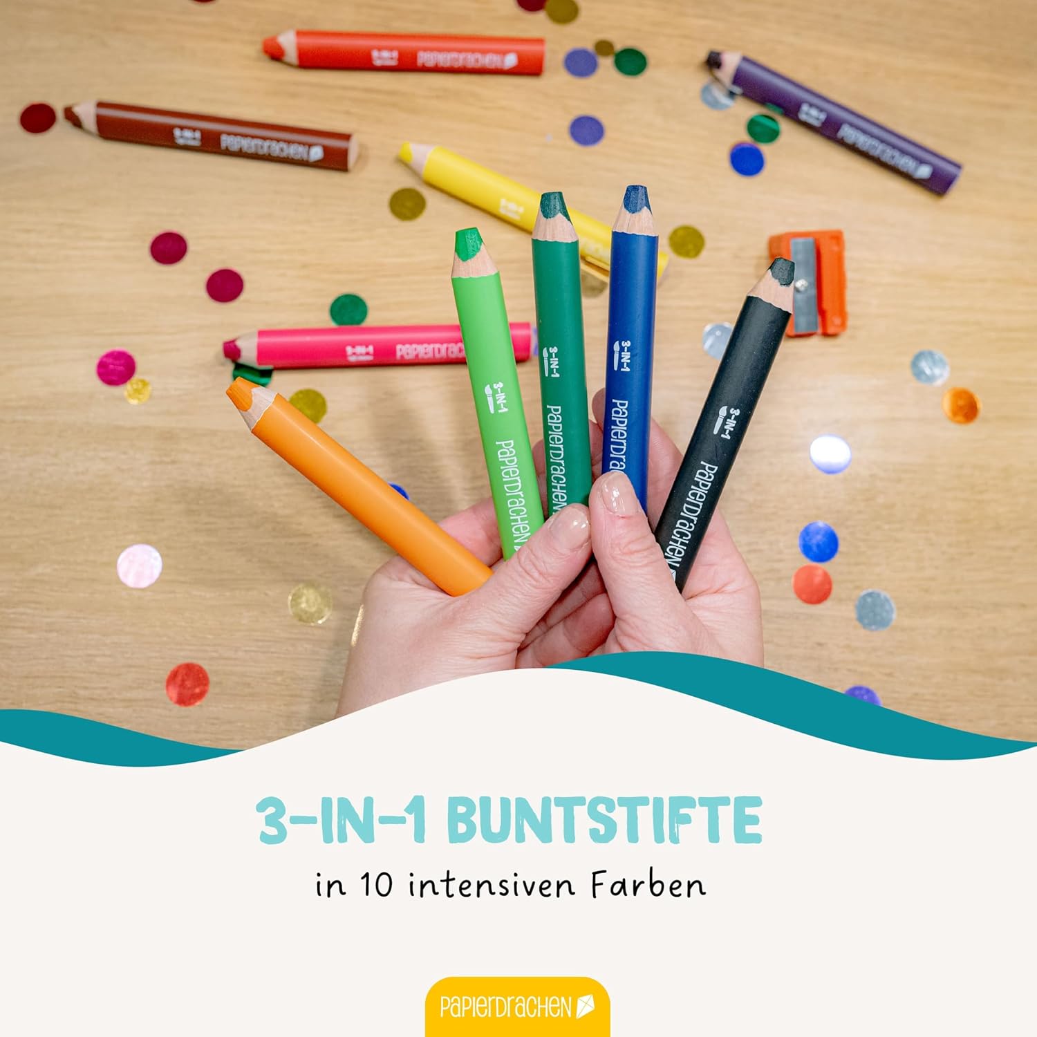 Detalle de Papierdrachen 3-in-1 Buntstifte mit Anspitzer – 10 Stifte, wasservermalbar, für Kita & Schule