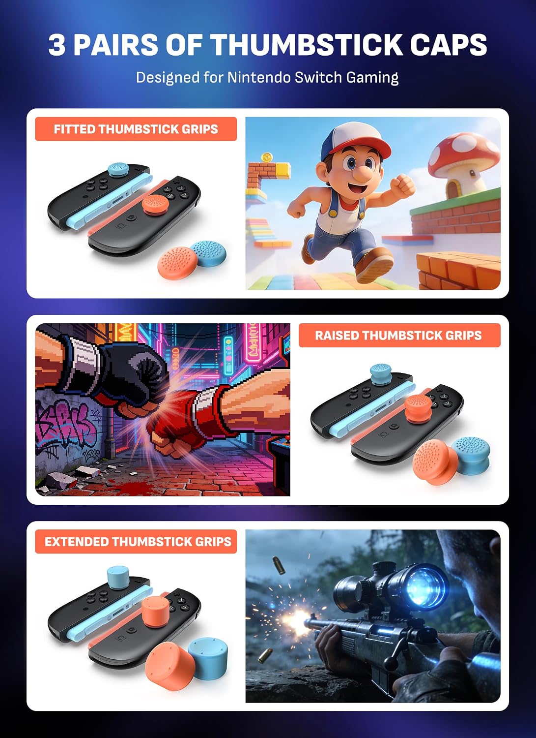 Detalle 1 de Mumba Thumb Grips for Nintendo Switch 2 Joy-Con, 3 Pairs with Storage Box