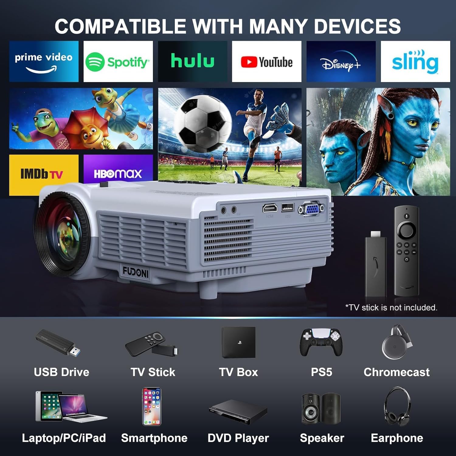 Thumbnail 5 de FUDONI Projector with Native 1080p, Dual-Band Wi-Fi and Bluetooth 5.3