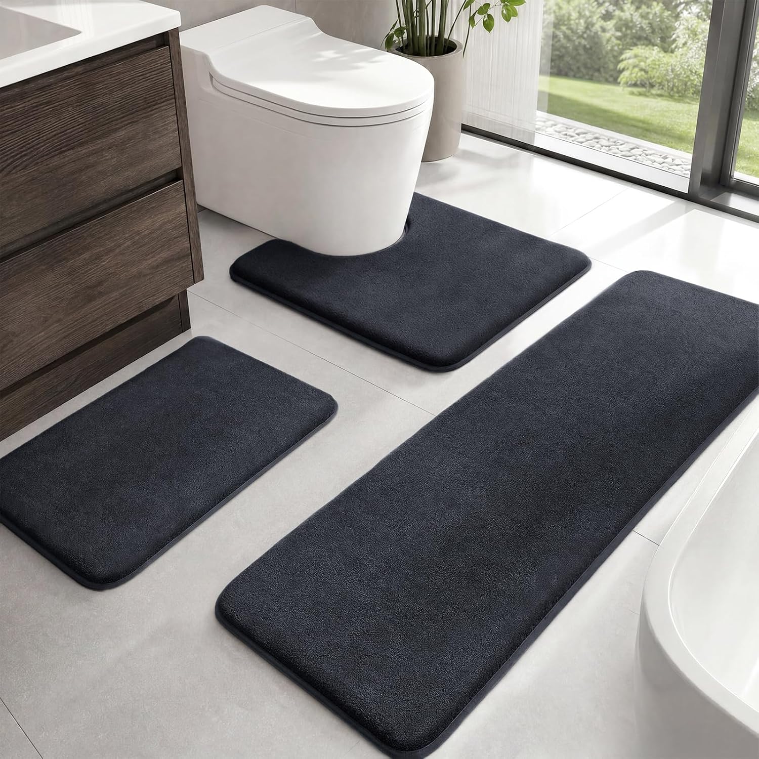 Detalle de HUXMEYSON 3-Piece Bathroom Rug Set, Dark Gray, Memory Foam, Non-Slip Backing