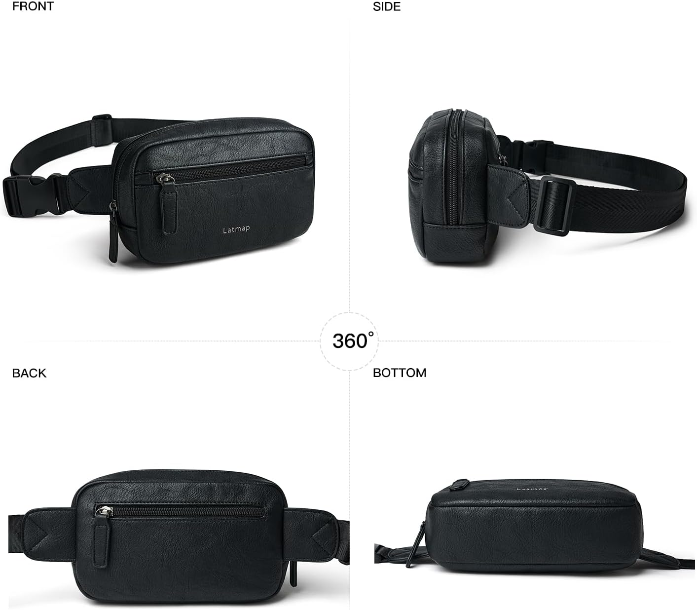 Thumbnail 6 de LATMAP 2L Bumbag Fanny Pack: Vegan Leather, Water-Resistant Belt Bag in Black