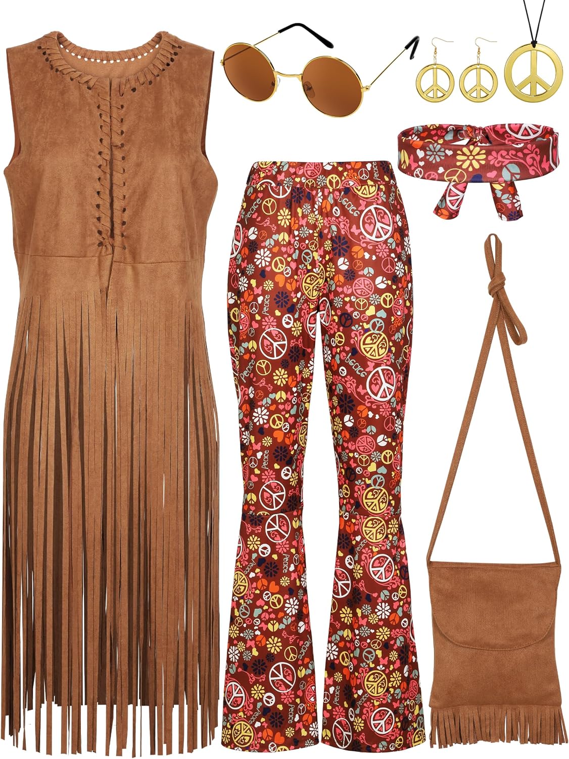 Detalle de SOMSOC 7-Piece 60s and 70s Hippie Costume with Fringe Vest and Flared Pants