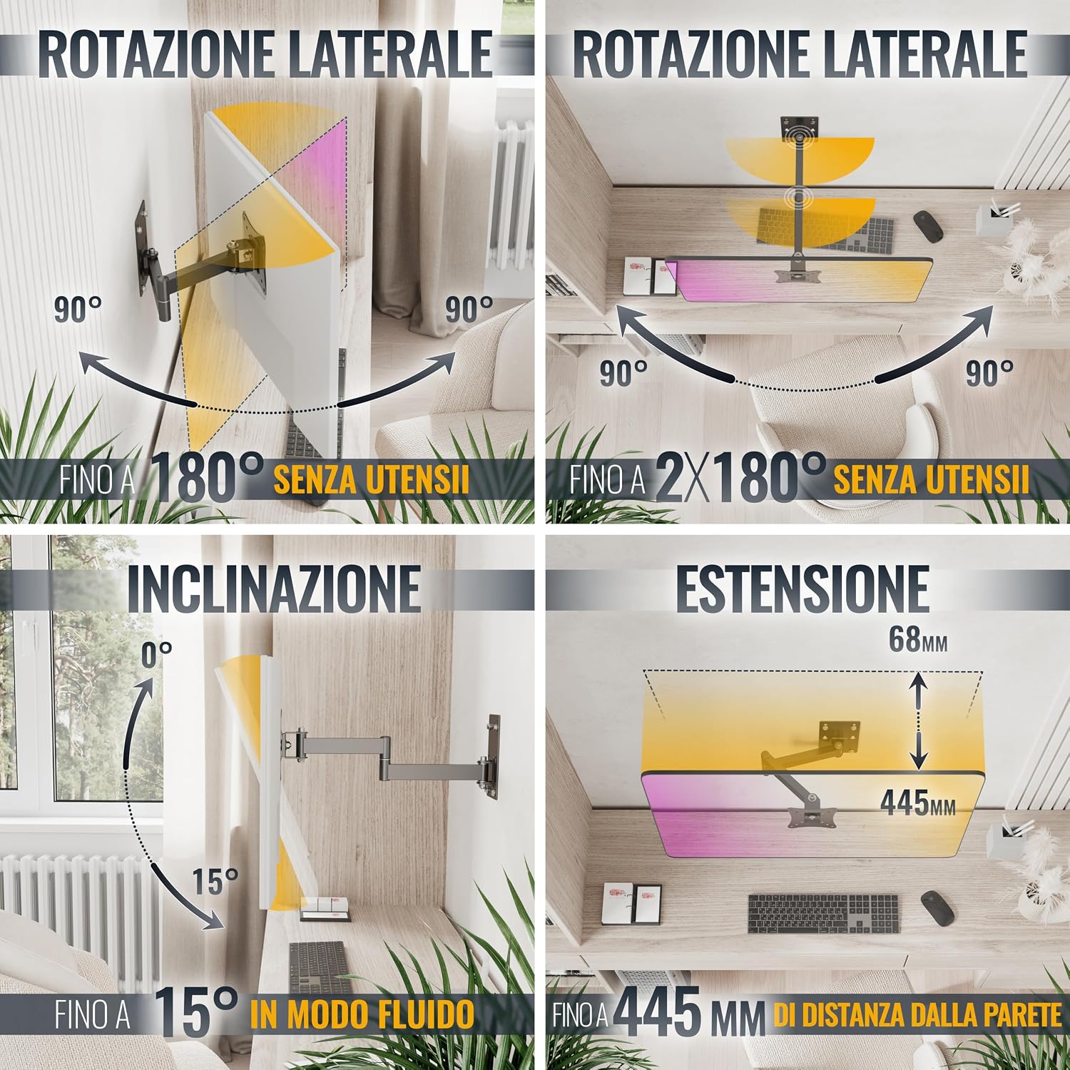 Thumbnail 2 de RICOO Supporto monitor a muro R02-11 girevole e inclinabile per schermi 13–29" con attacco VESA 100x100