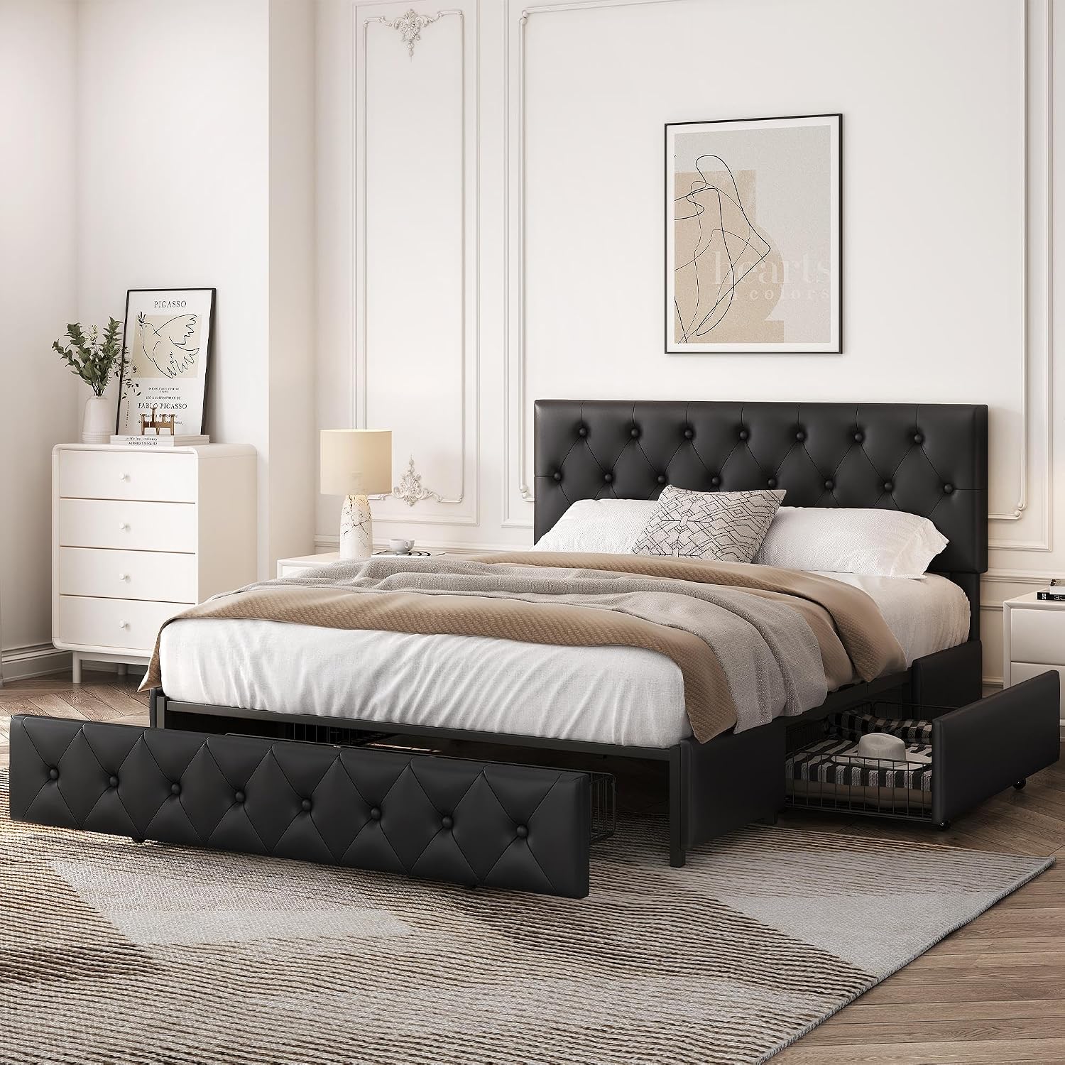 Detalle de Yaheetech Queen Bed Frame with 3 Drawers and Adjustable Headboard, Black
