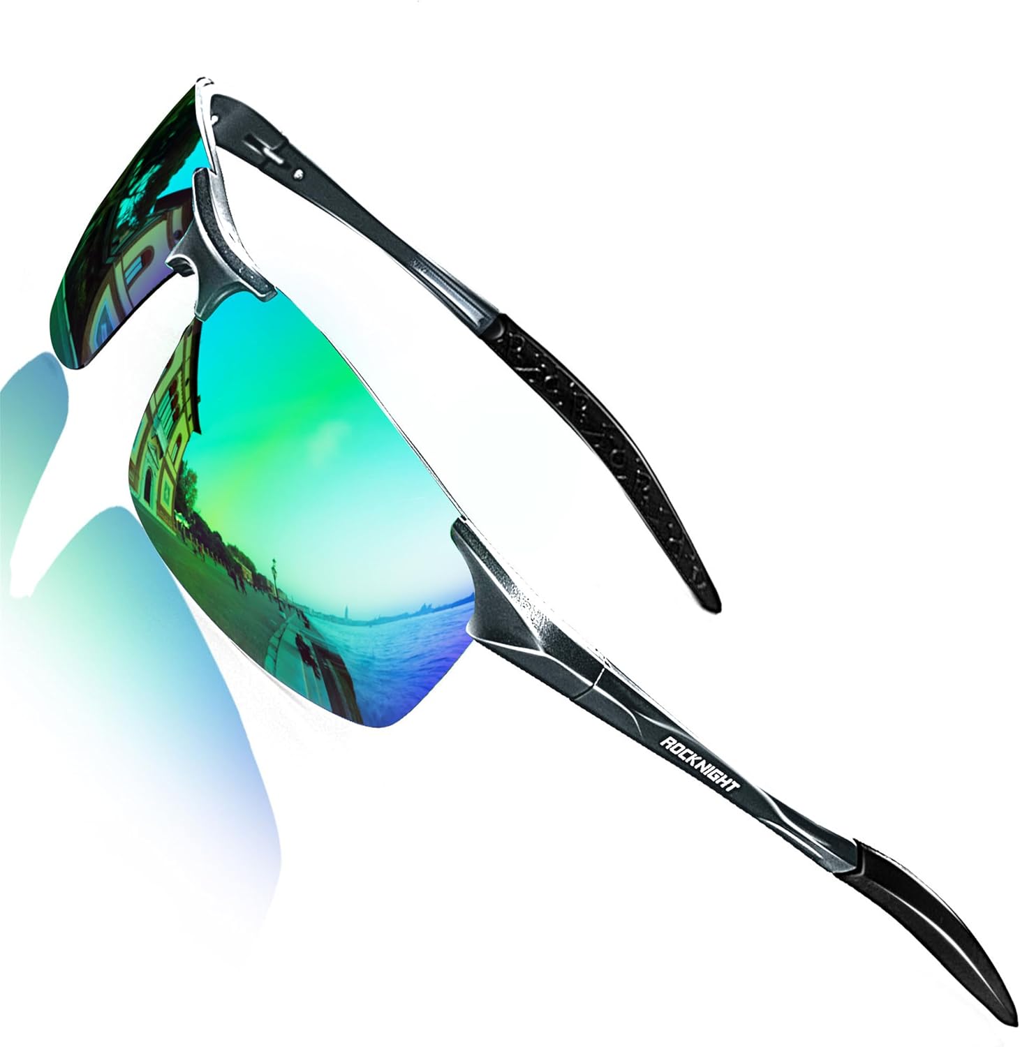 Detalle de ROCKNIGHT Driving Polarized Sunglasses, Al-Mg Frame, Green Mirror Lenses