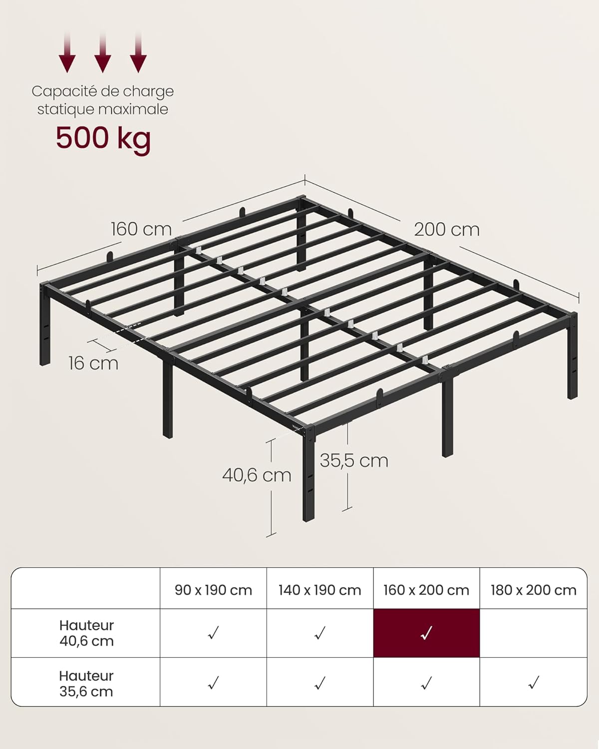 Detalle 2 de VASAGLE Cadre de Lit 160 x 200 avec Sommier Métal RMB155BD01