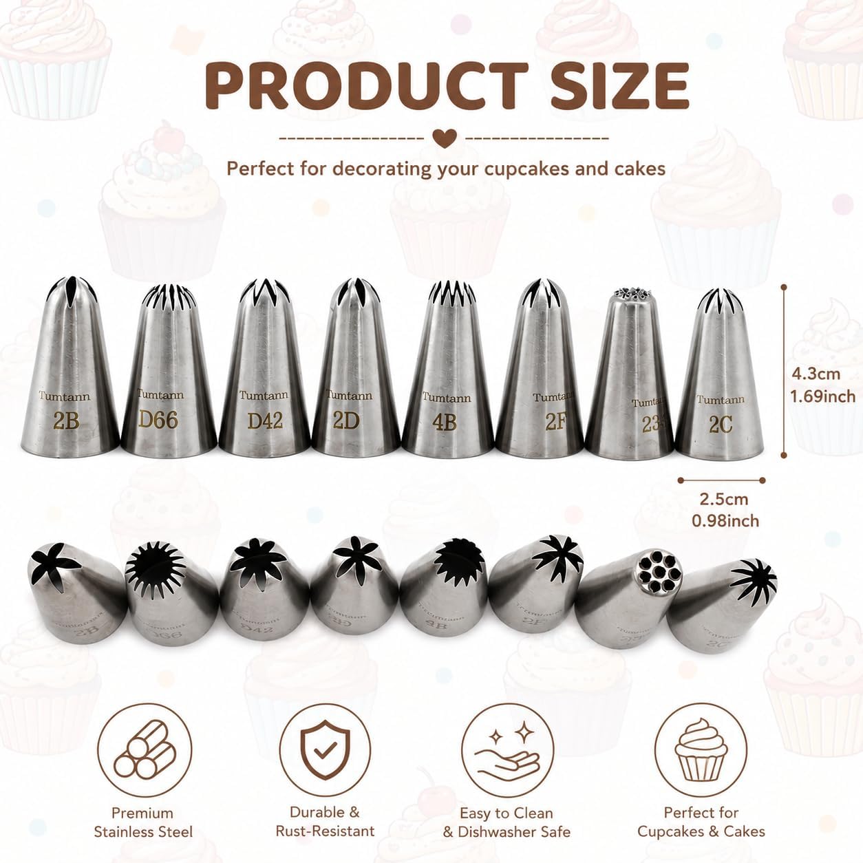 Thumbnail 2 de 8 Pack Large Piping Tips – Seamless Stainless Steel Icing Piping Nozzle Tip Set for Cake Decorating