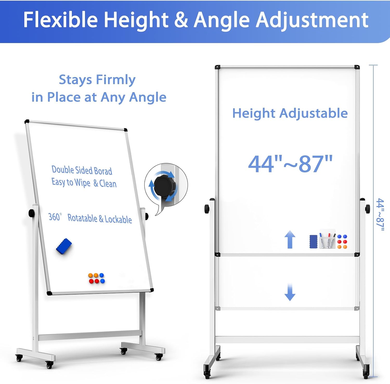 Detalle de WOREEY 48x32 Rolling Whiteboard, Double-Sided Magnetic, Height Adjustable