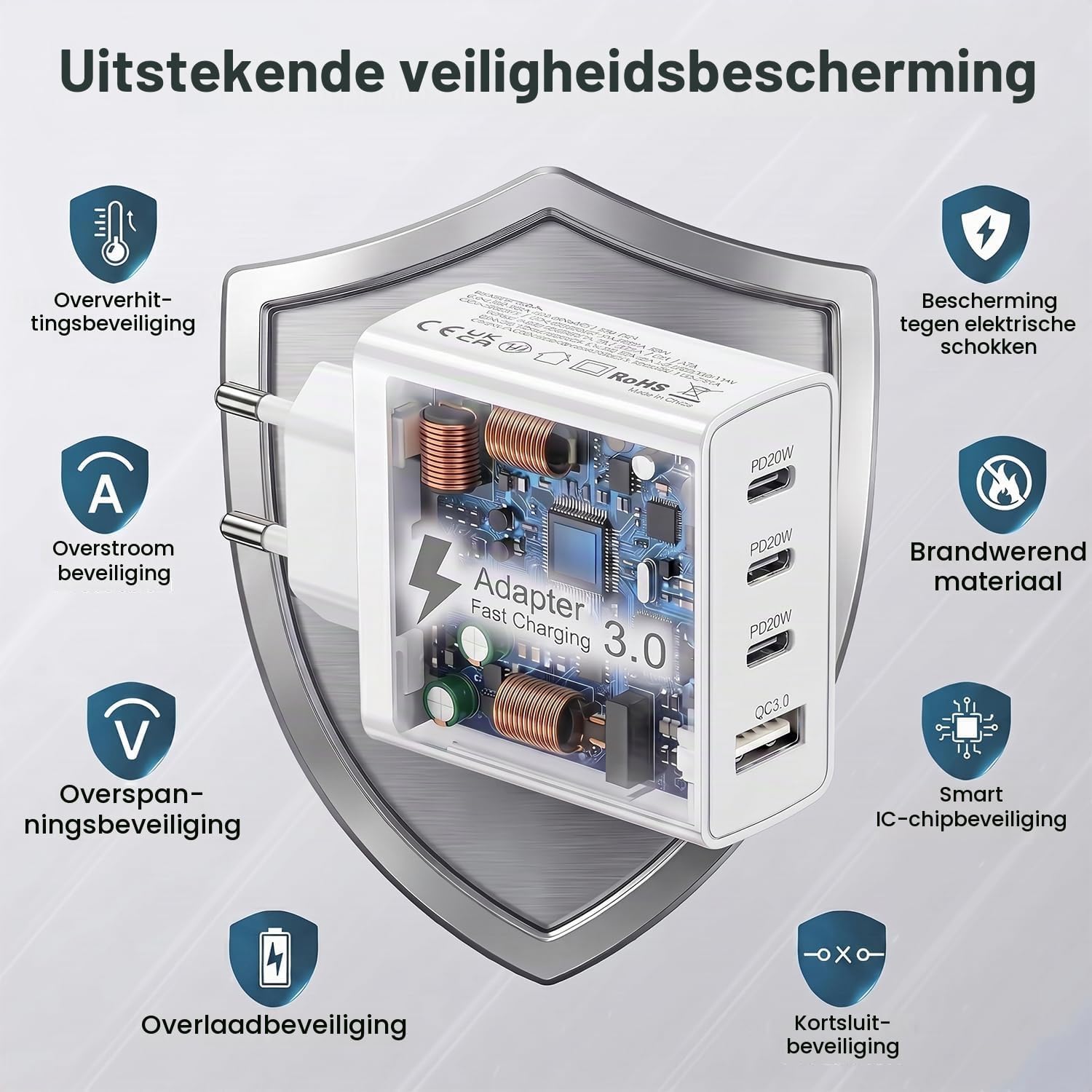 Detalle de Poukey 50W 4-poorts USB-C-lader met 3 USB-C-poorten en kabel van 2 m