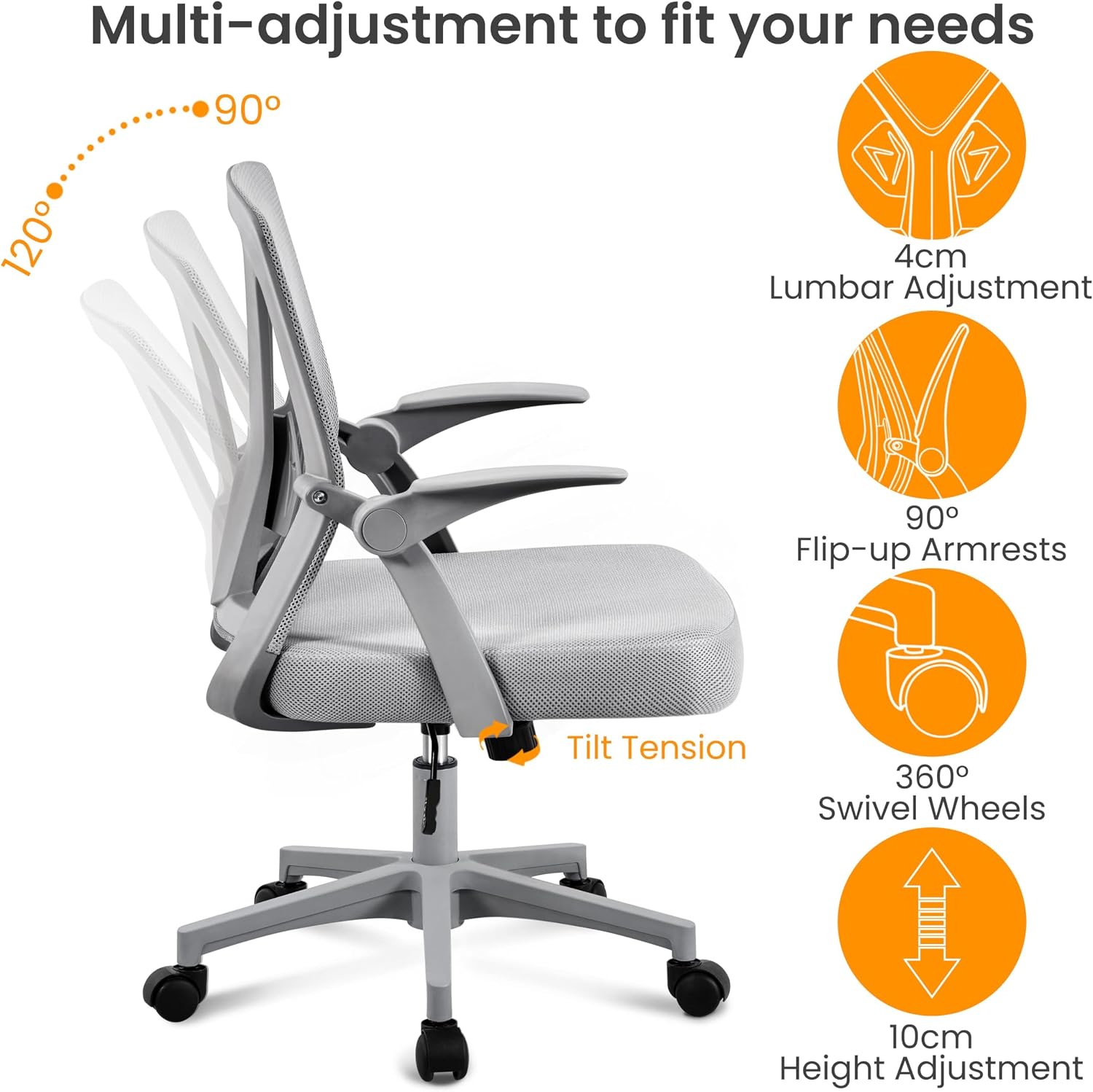 Detalle de Yaheetech sedia da ufficio ergonomica con braccioli reversibili e schienale in rete, supporto lombare regolabile, grigia