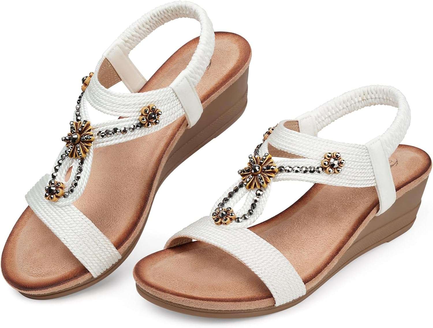 Thumbnail 5 de SHIBEVER Women’s Flower Rhinestone Wedge Sandals with Elastic Ankle Strap (Low Heel)