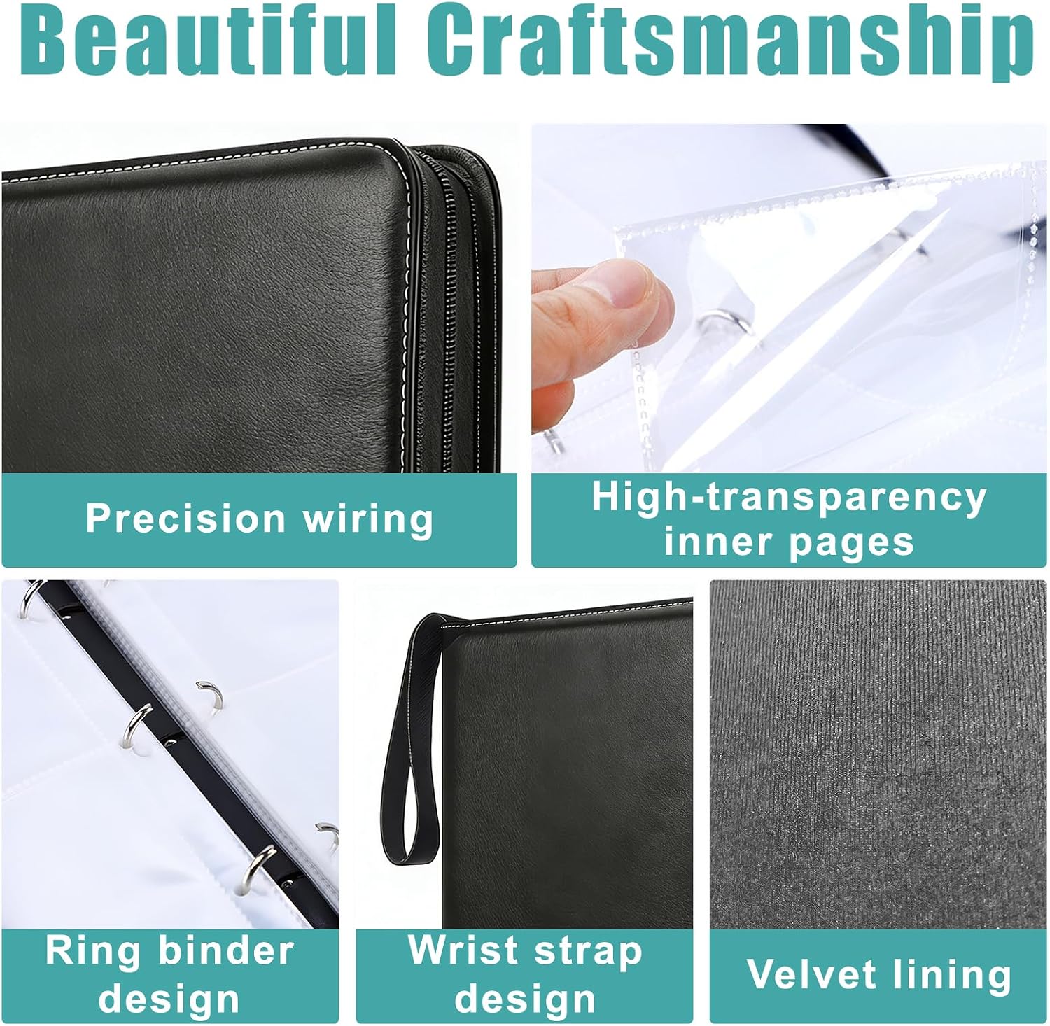 Detalle de Trading Card Binder 4 Pocket: 400 Pocket PU Leather Zip Wallet for MTG and Sports Cards (Black)