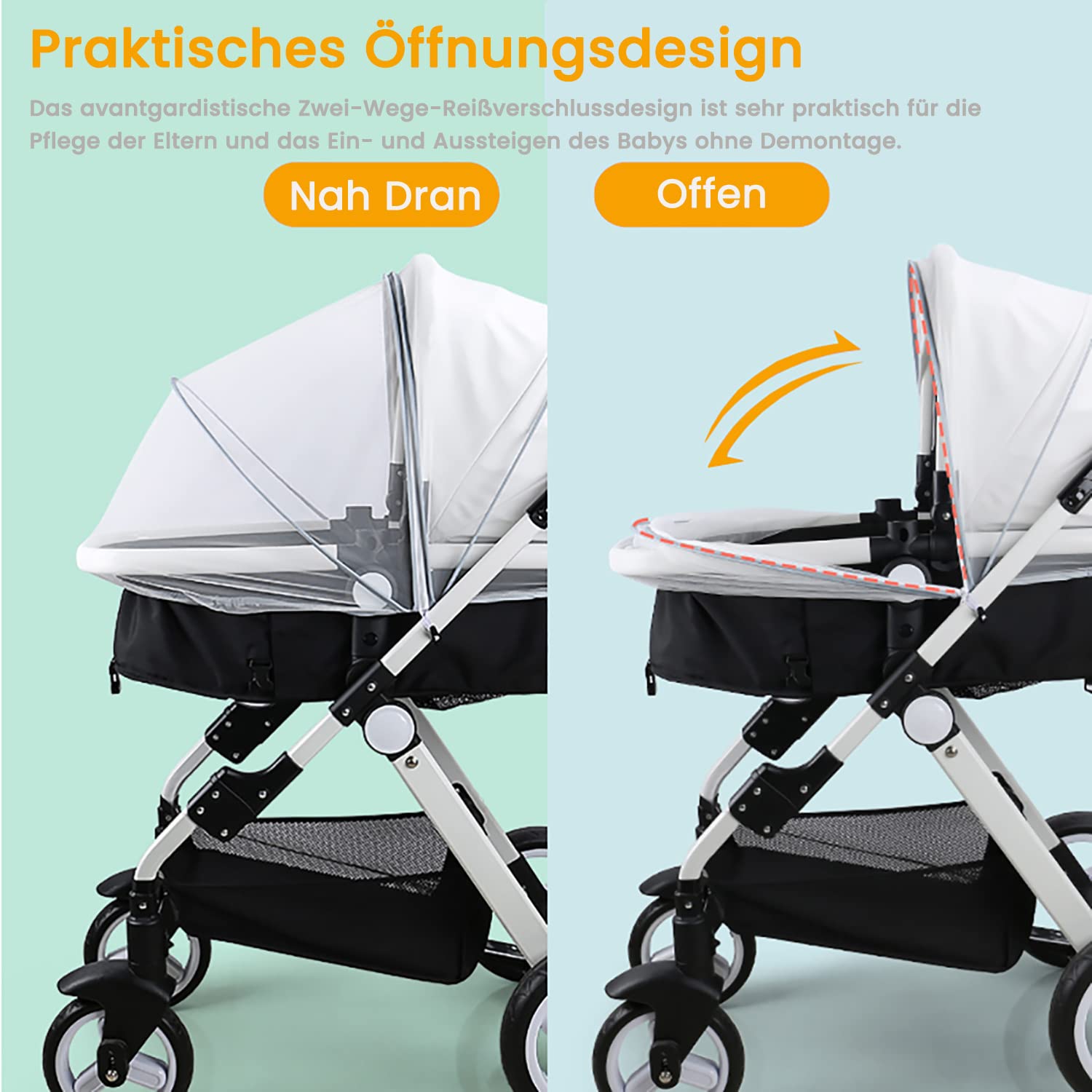 Detalle 2 de Orzbow Universal Insektenschutz für Kinderwagen – stabiles, atmungsaktives Moskitonetz mit Tasche