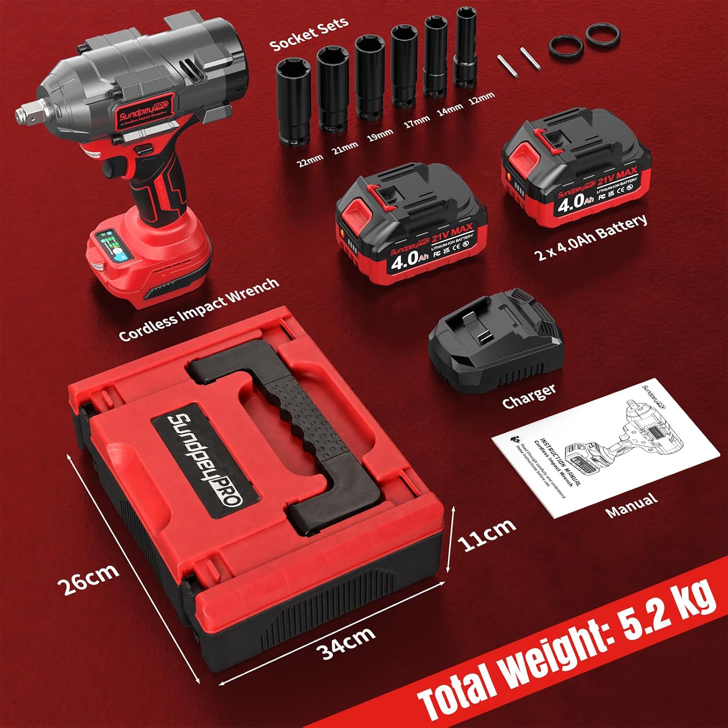 Thumbnail 6 de SundpeyPRO 1/2-Inch Cordless Impact Gun – 21V Brushless Wrench with 1480N·m, 2×4.0Ah Batteries & RSS, Case