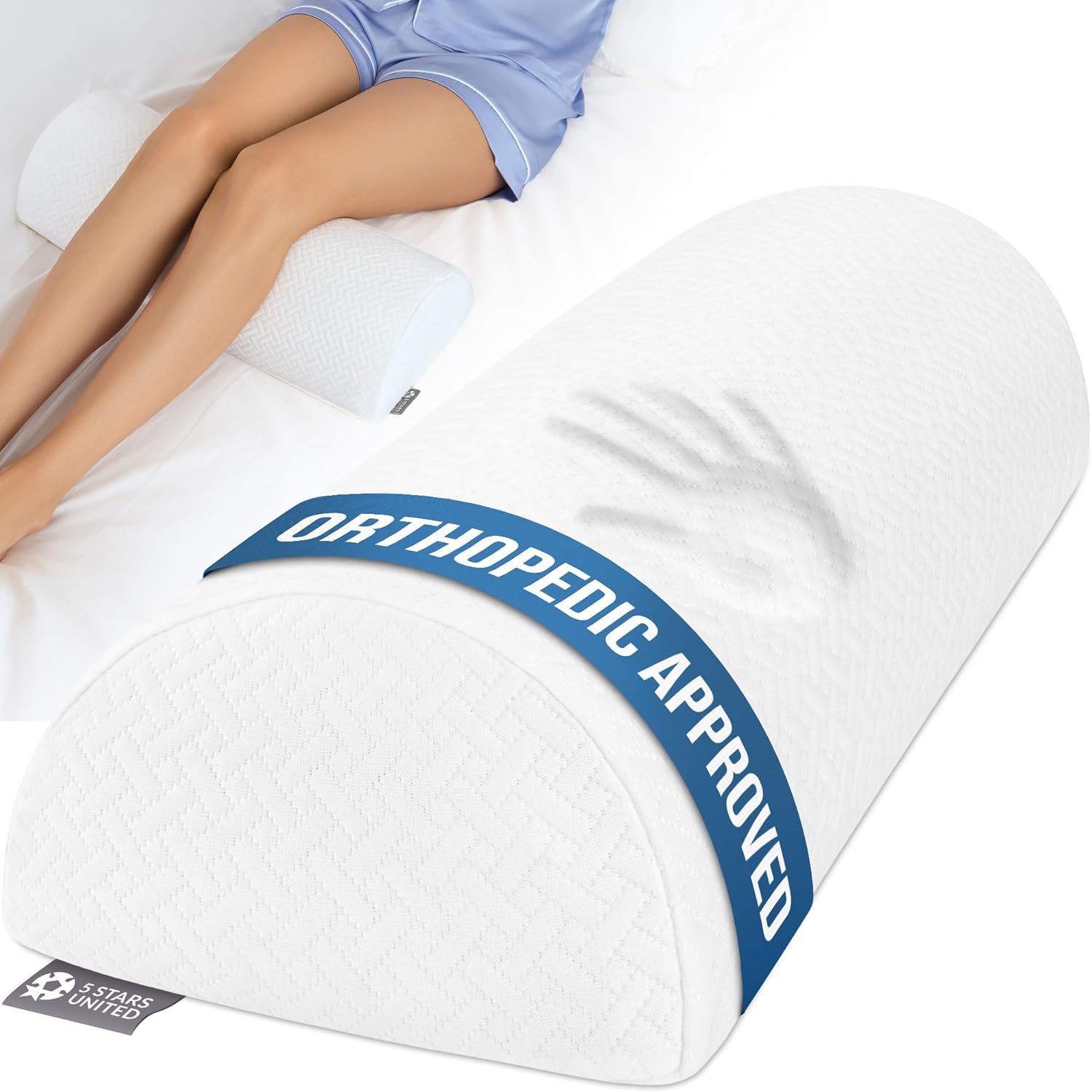 5 Stars United Knee Pillow for Back Sleeping with Memory Foam Leg Support (Half-Moon Bolster) – White