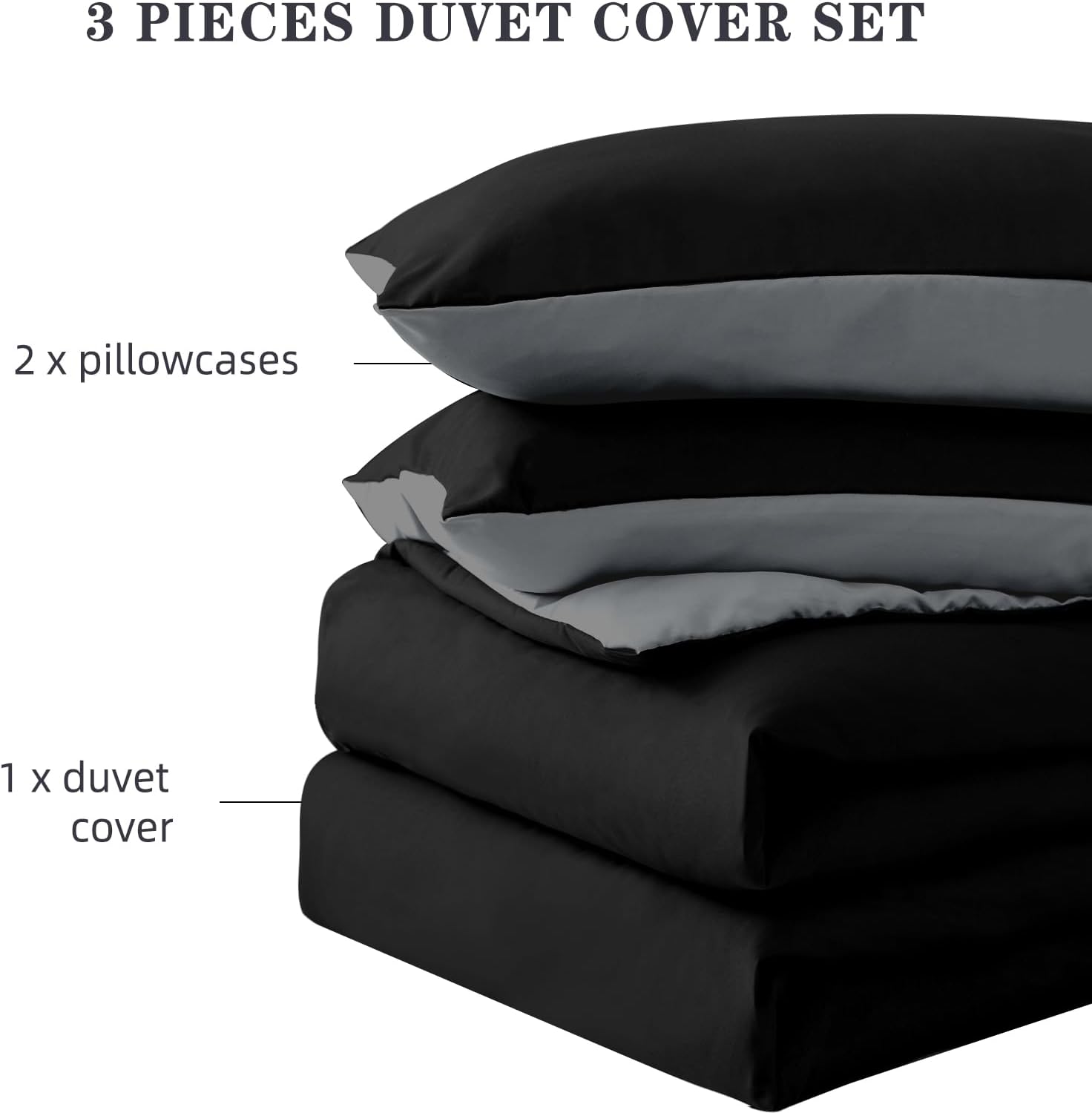 Thumbnail 6 de MIKI WELL King Size Reversible Duvet Cover Set (3 pcs) in Black & Grey with Hidden Zipper + Corner Ties