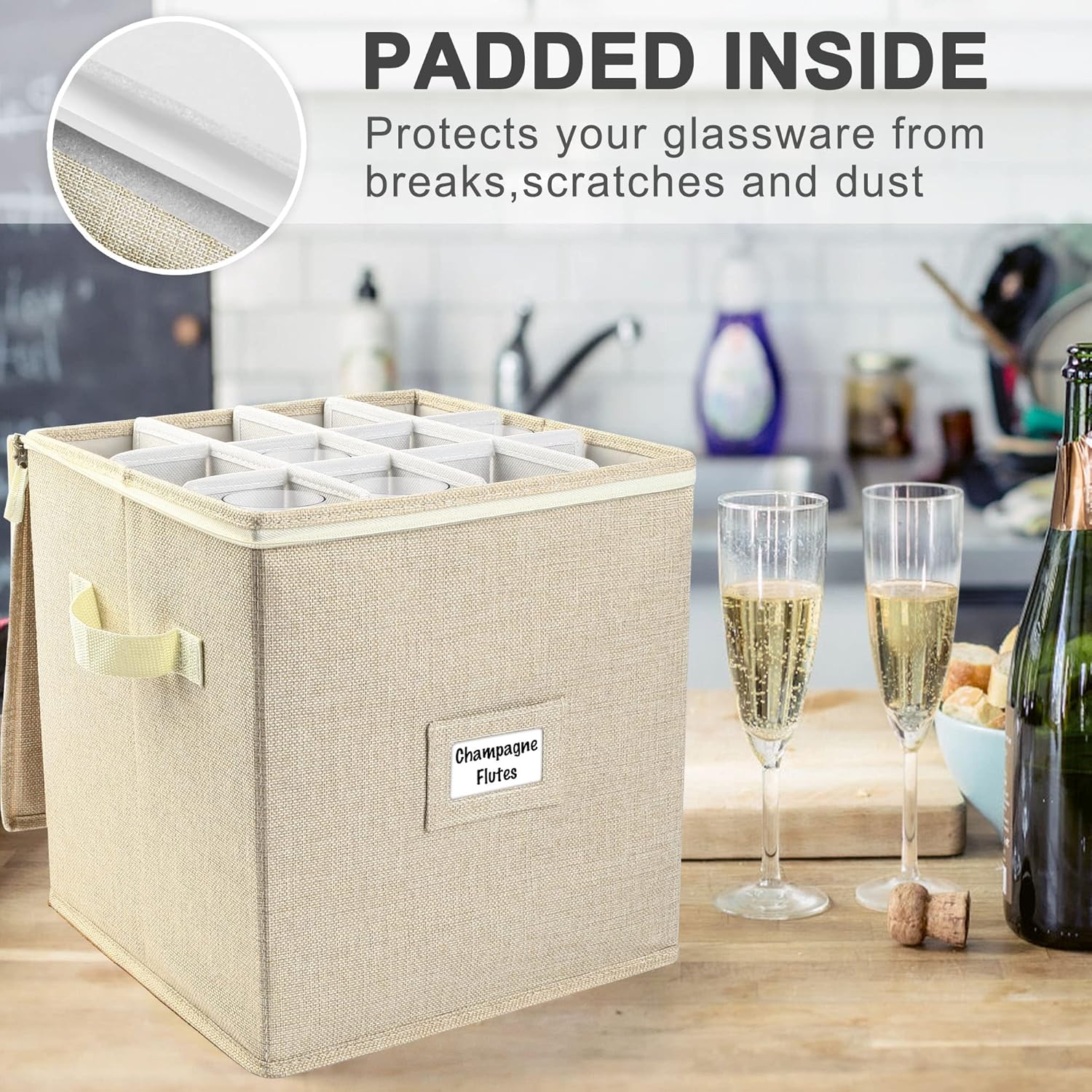 Detalle de LotFancy Champagne Flute Storage Container (12in Tall) — Quilted Hard Shell, Stackable Case with Dividers & Handles