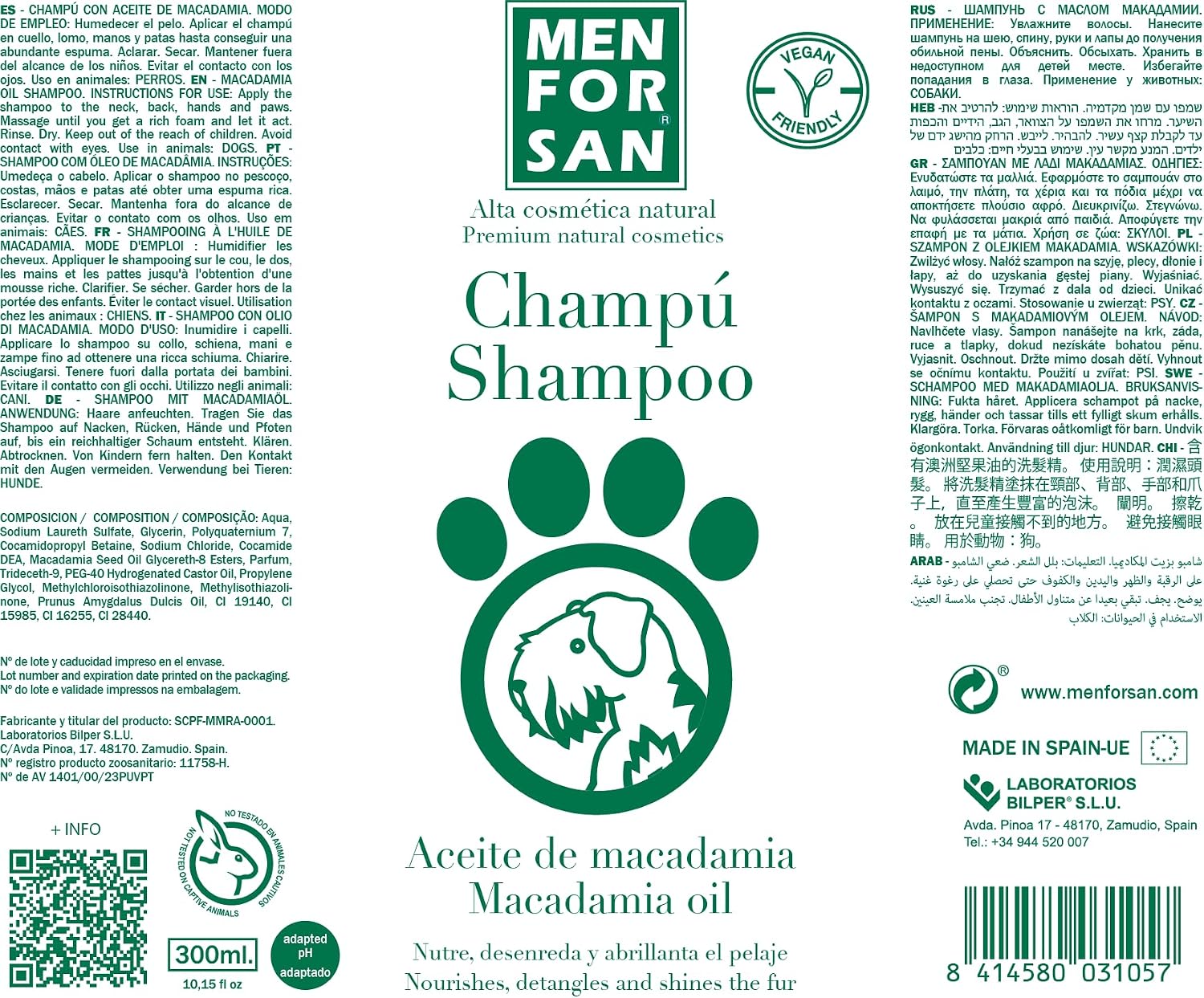 Detalle 2 de Menforsan Shampoo per Cani all'Olio di Macadamia, 300 ml: nutriente, districante e profumato