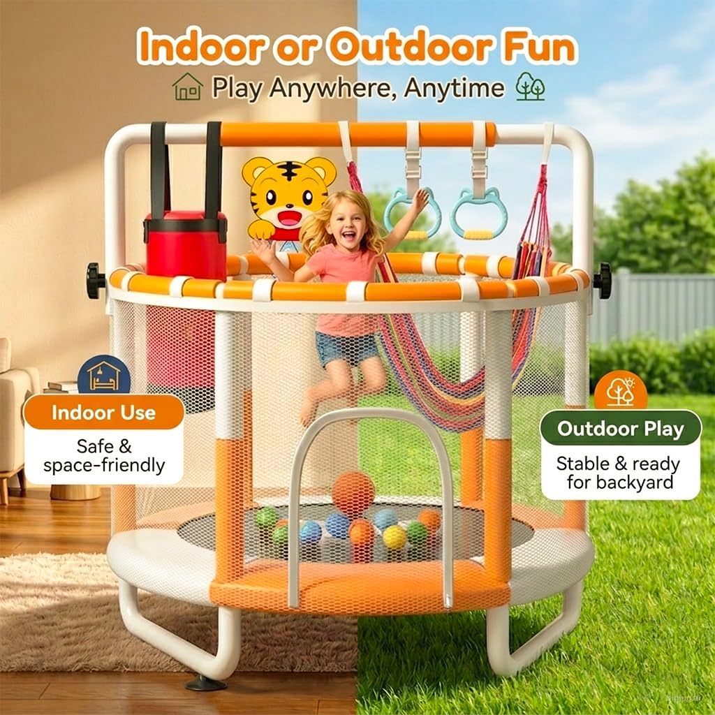 Detalle de KINETRA 55" Kids Indoor Trampoline with Safety Net, Adjustable Gymnastics Bar & Toys (Ages 3+)