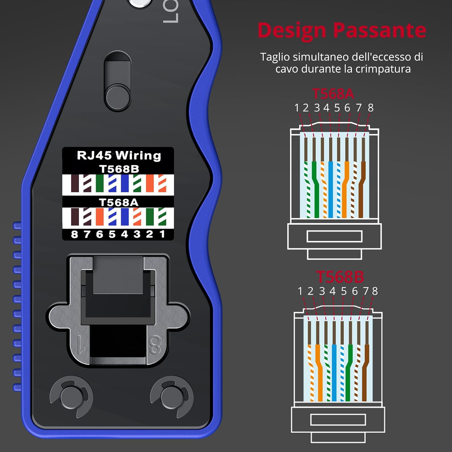 Detalle 2 de XUNTOP Pinza crimpatrice RJ45 pass-through con 20 connettori Cat6 dorati e accessori