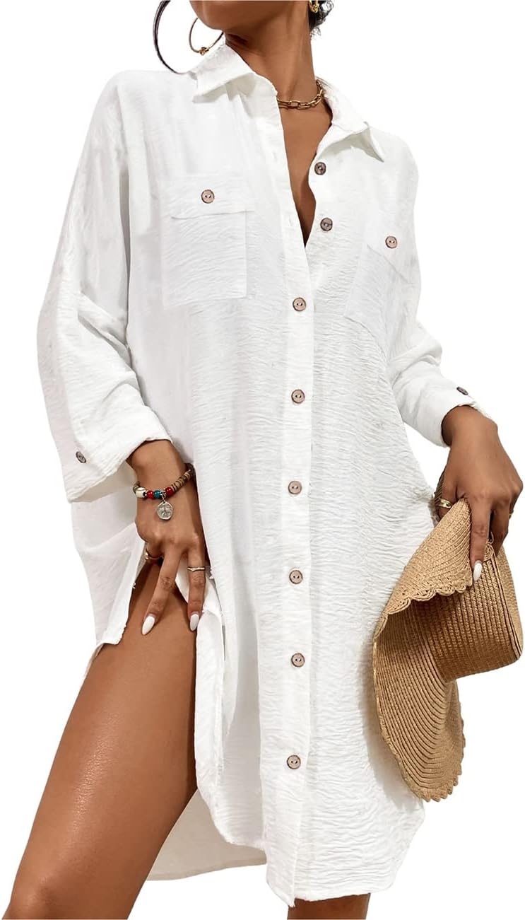 Detalle de Bsubseach women’s white button-front swimsuit cover-up blouse with front pocket