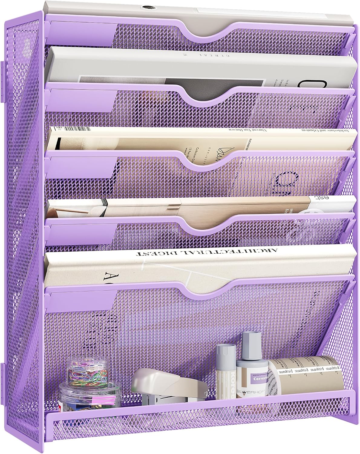 Detalle de SUBEKYU 6-Tier A4 Wall-Mounted File Organiser, Purple Metal Mesh