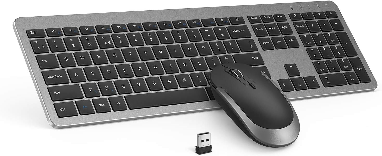 Detalle de Seenda SK38 Wireless Keyboard and Mouse Set — Ultra Slim, Quiet, Full-Size UK Layout (QWERTY) with Numeric Keypad