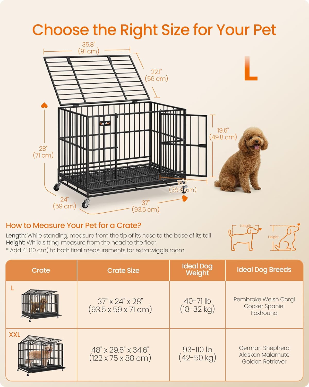 Detalle de Feandrea Heavy-Duty Dog Crate, 5-Minute Quick Assembly, Foldable Kennel with Lockable Wheels