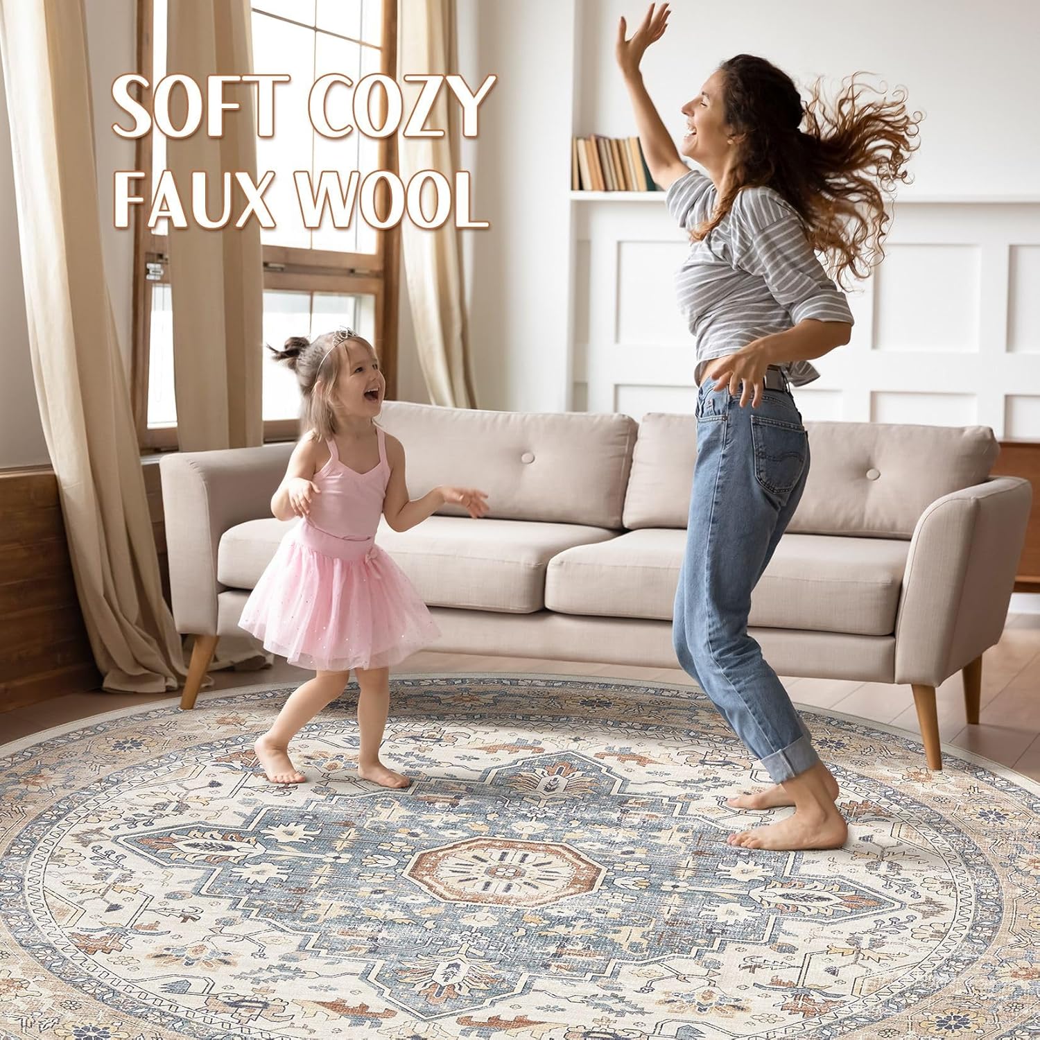 Thumbnail 2 de Round Rug Living Room Rugs: 6Ft Washable Boho Neutral Circle — 0.25" Pile with Rubber Backing