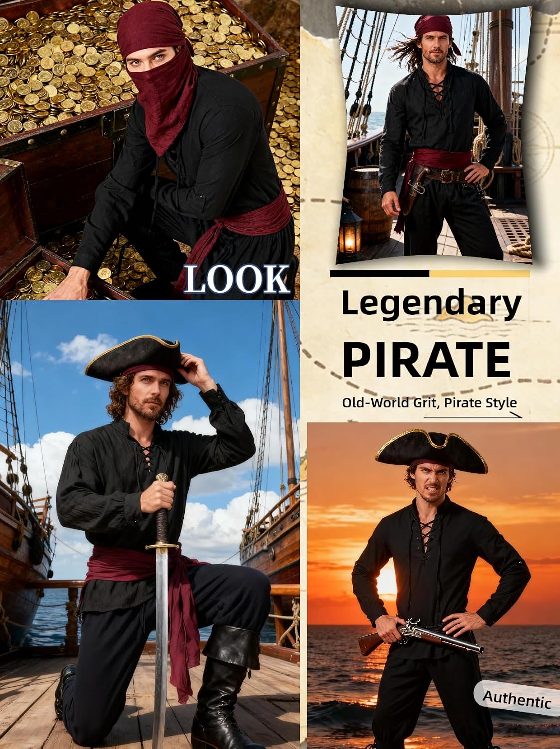 Detalle de Men's Pirate Renaissance Costume, 8-Piece Set with Lace-Up Shirt and Sash