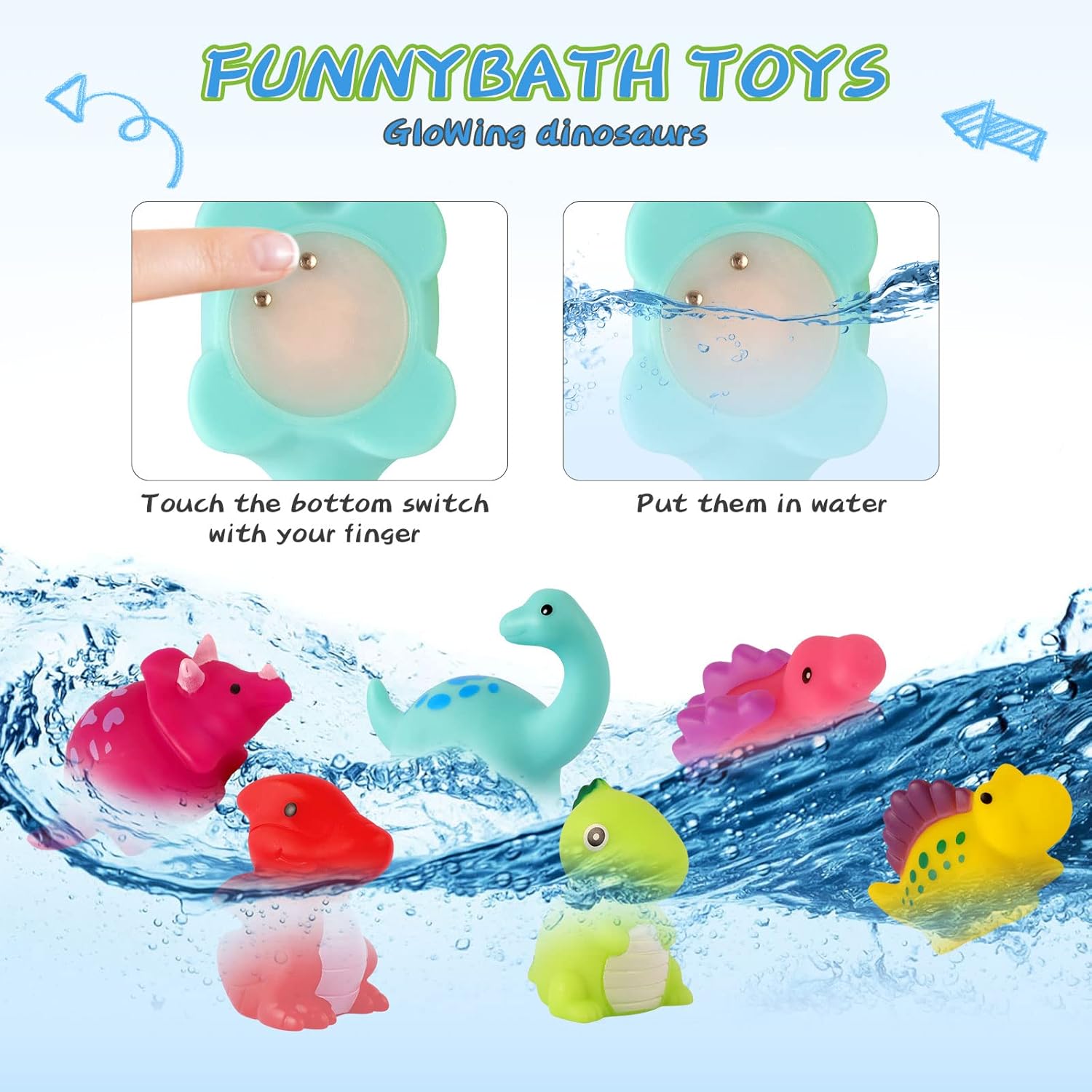 Thumbnail 2 de 6er-Set Badespielzeug Dinosaurier – leuchtende, schwimmende Badewanne-Dinosaurier für Babys und Kleinkinder