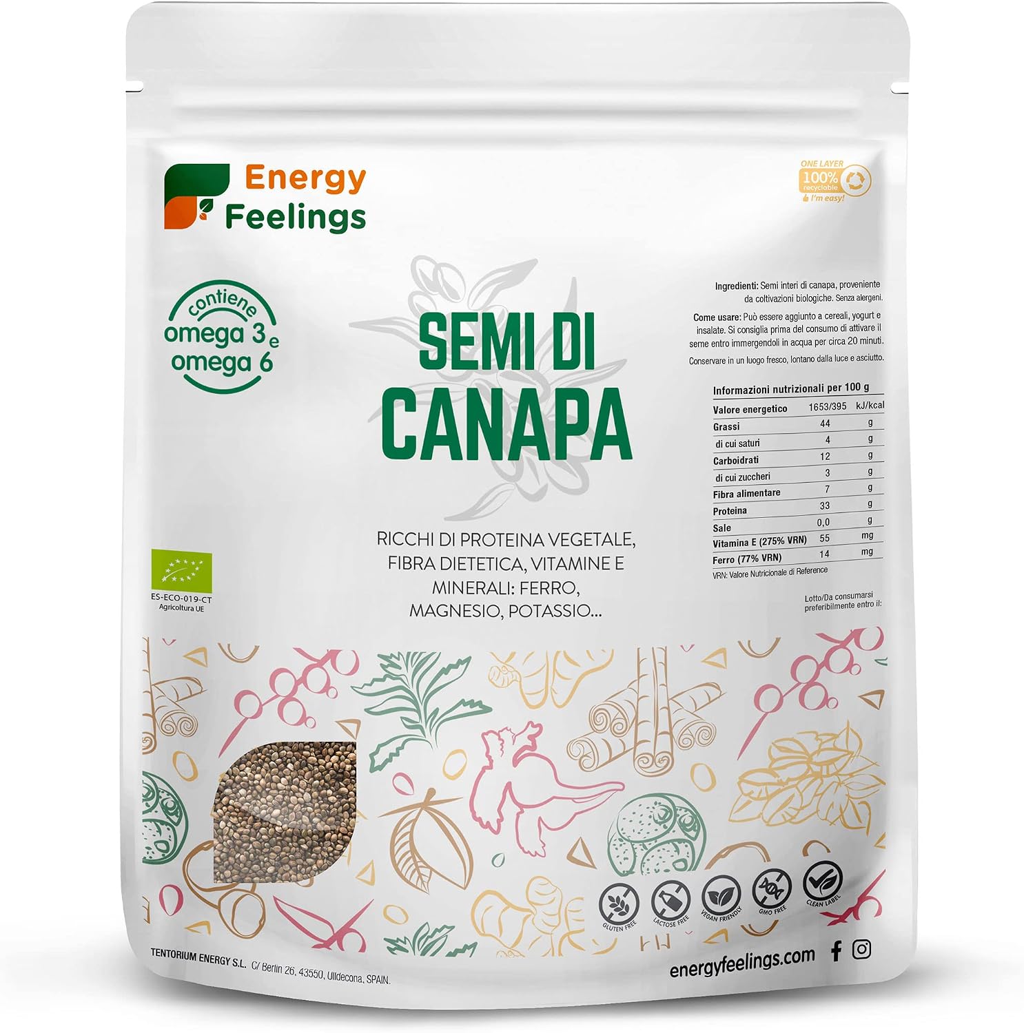 Energy Feelings Semi di Canapa Interi BIO Certificati – 1 Kg