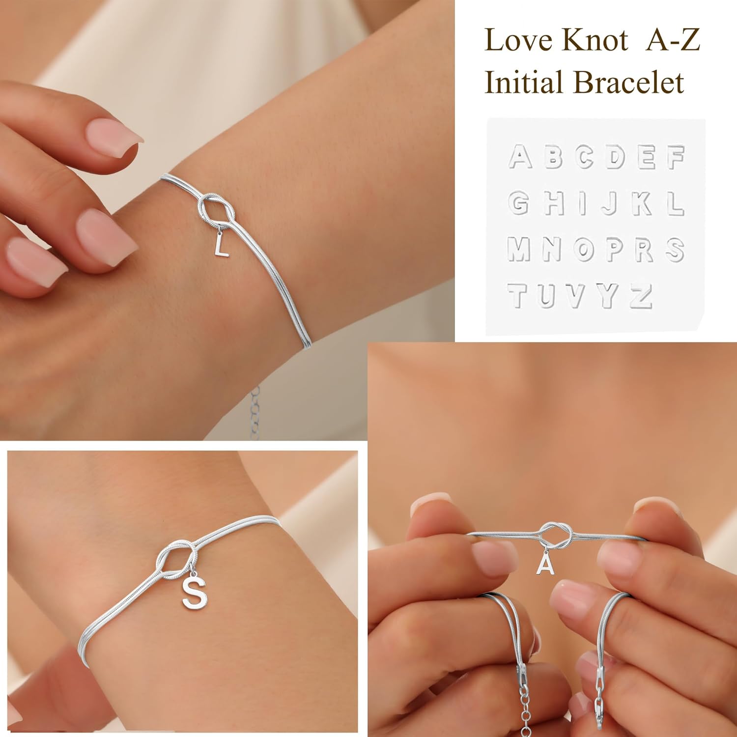 Thumbnail 2 de DORANA Sterling Silver Initial Bracelet with Love Knot – 6.5in + 2in extension