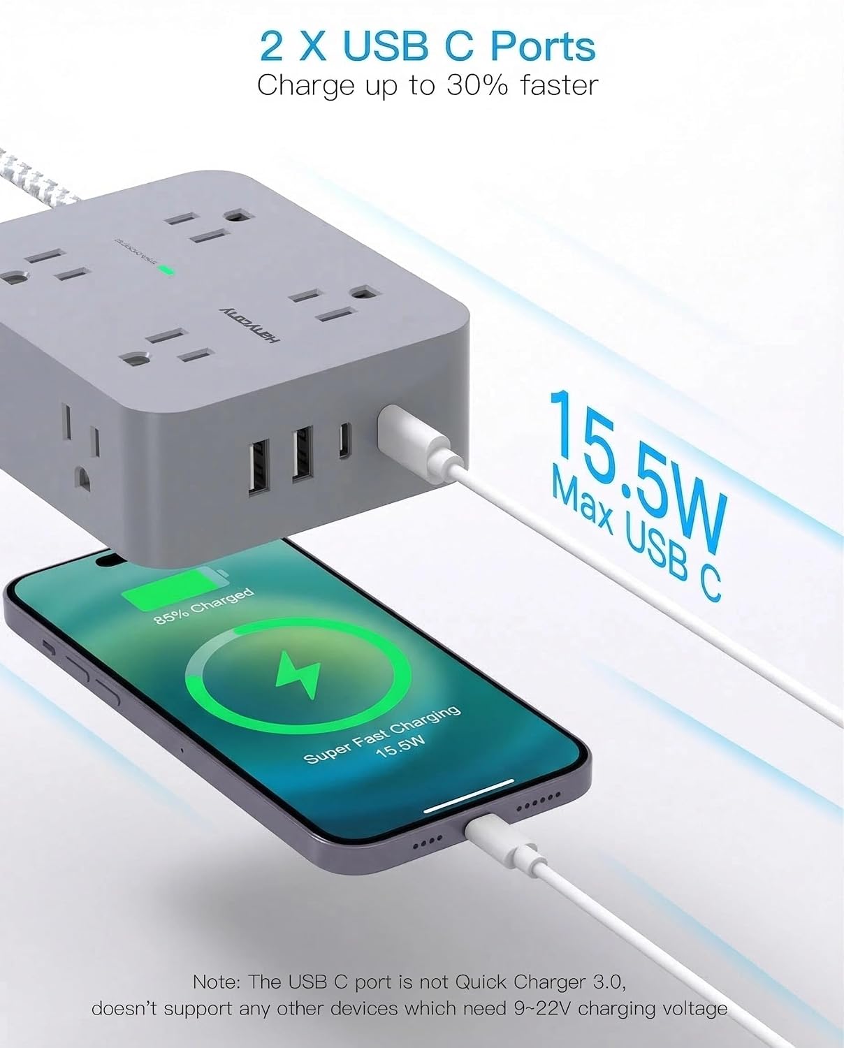 Detalle de HANYCONY HN8U5WC2 Power Strip with 8 Outlets, 4 USB Ports and Flat Plug