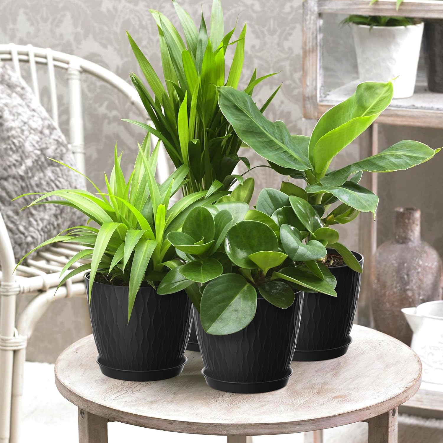 Thumbnail 1 de Homeuouz 15cm Stripe Groove Plastic Plant Pots, 5 Pack with Drainage Holes and Tray (Black)
