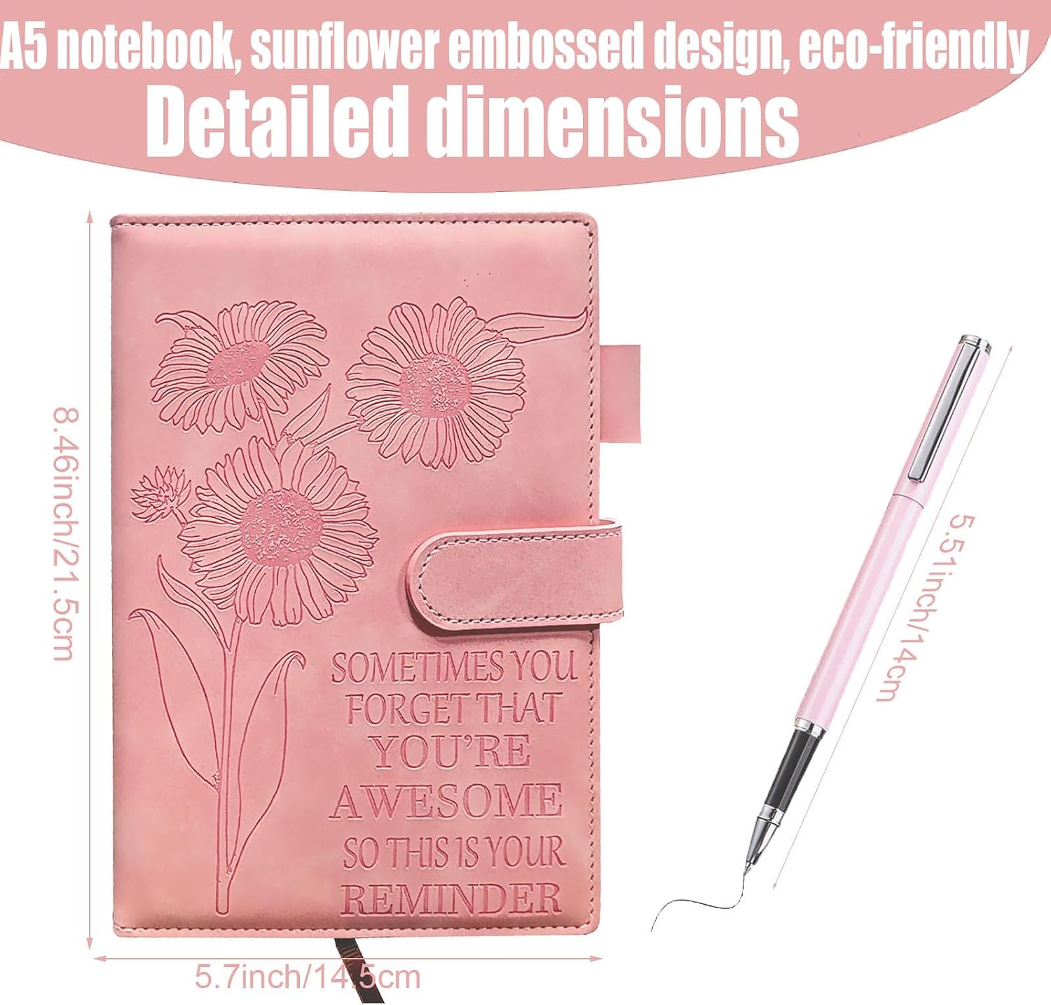 Detalle de QWFHOME Sunflower Pink PU Leather Journal, A5, 200 Pages with Closure and Pen Holder