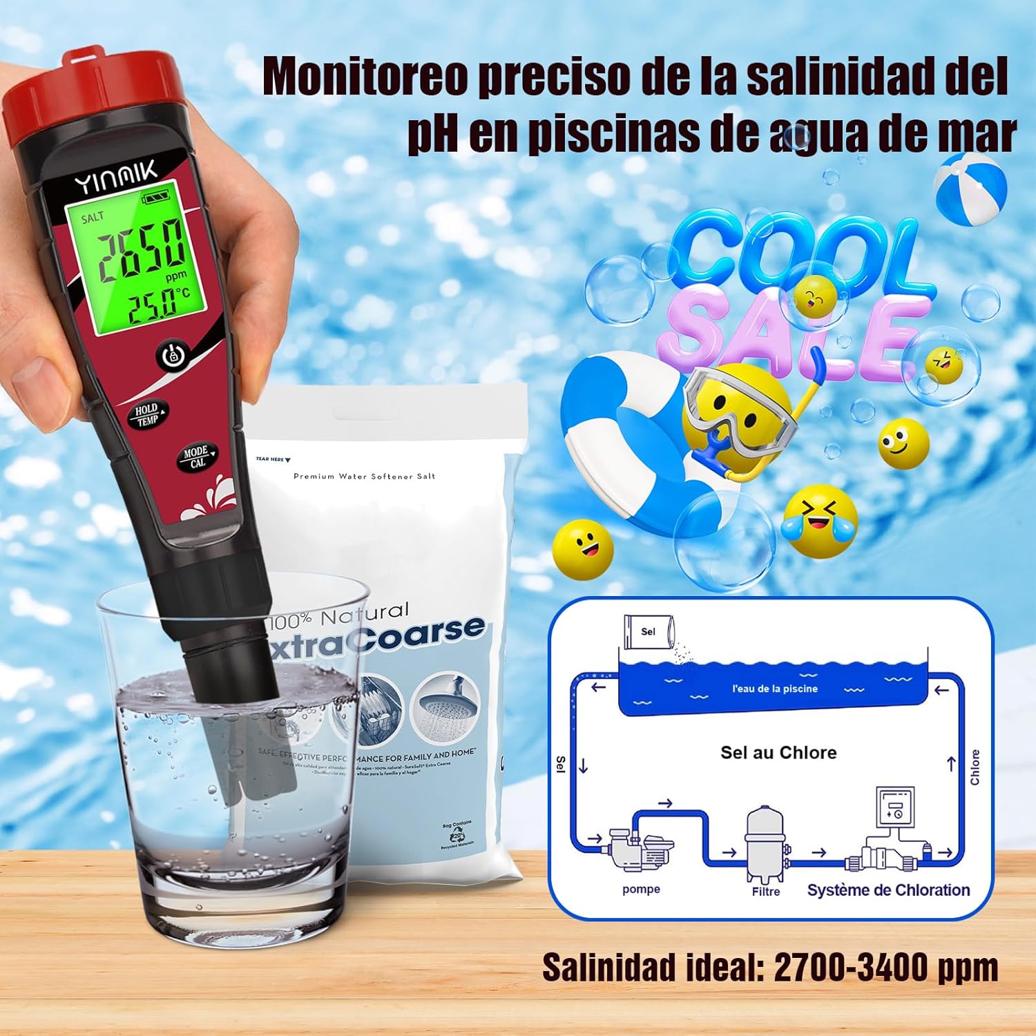 Detalle de YINMIK Medidor 7 en 1 pH y cloro 0,1 ppm