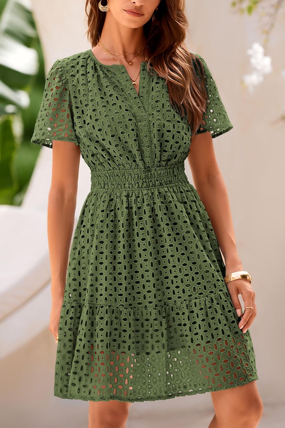 Detalle de PRETTYGARDEN Women’s 2026 Summer V-Neck A-Line Short Dress with Hollow-Out Lace