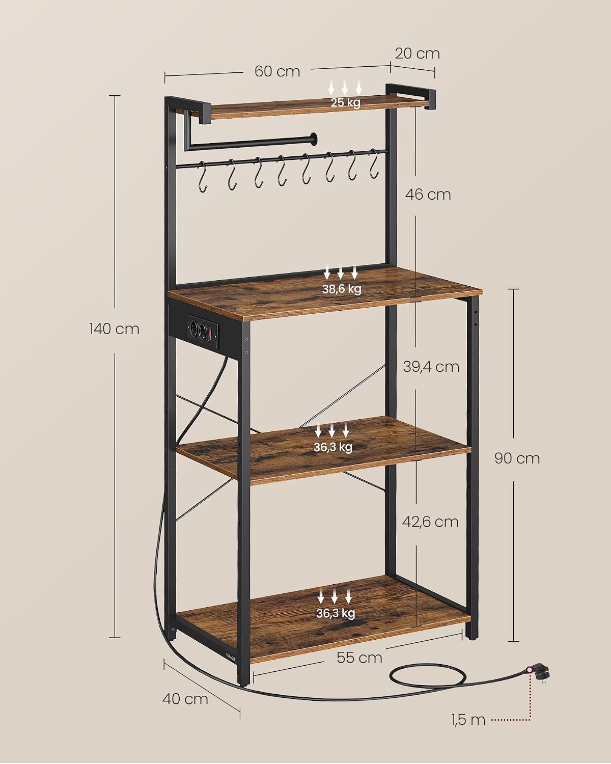 Thumbnail 6 de VASAGLE KKS013KD02 Scaffale da cucina con multipresa, 4 ripiani e 8 ganci a S (40 x 45 x 140 cm)