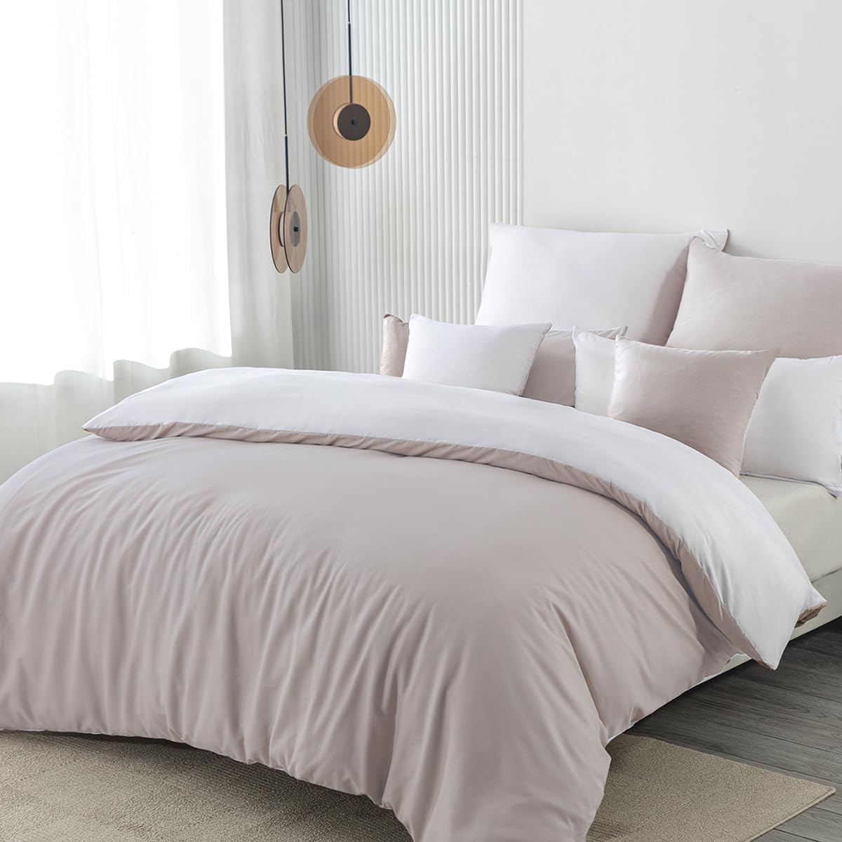 Detalle de Nesture Wendebettwäsche 200x200 beige/weiß – 3-teiliges Microfaser-Set mit Reißverschluss